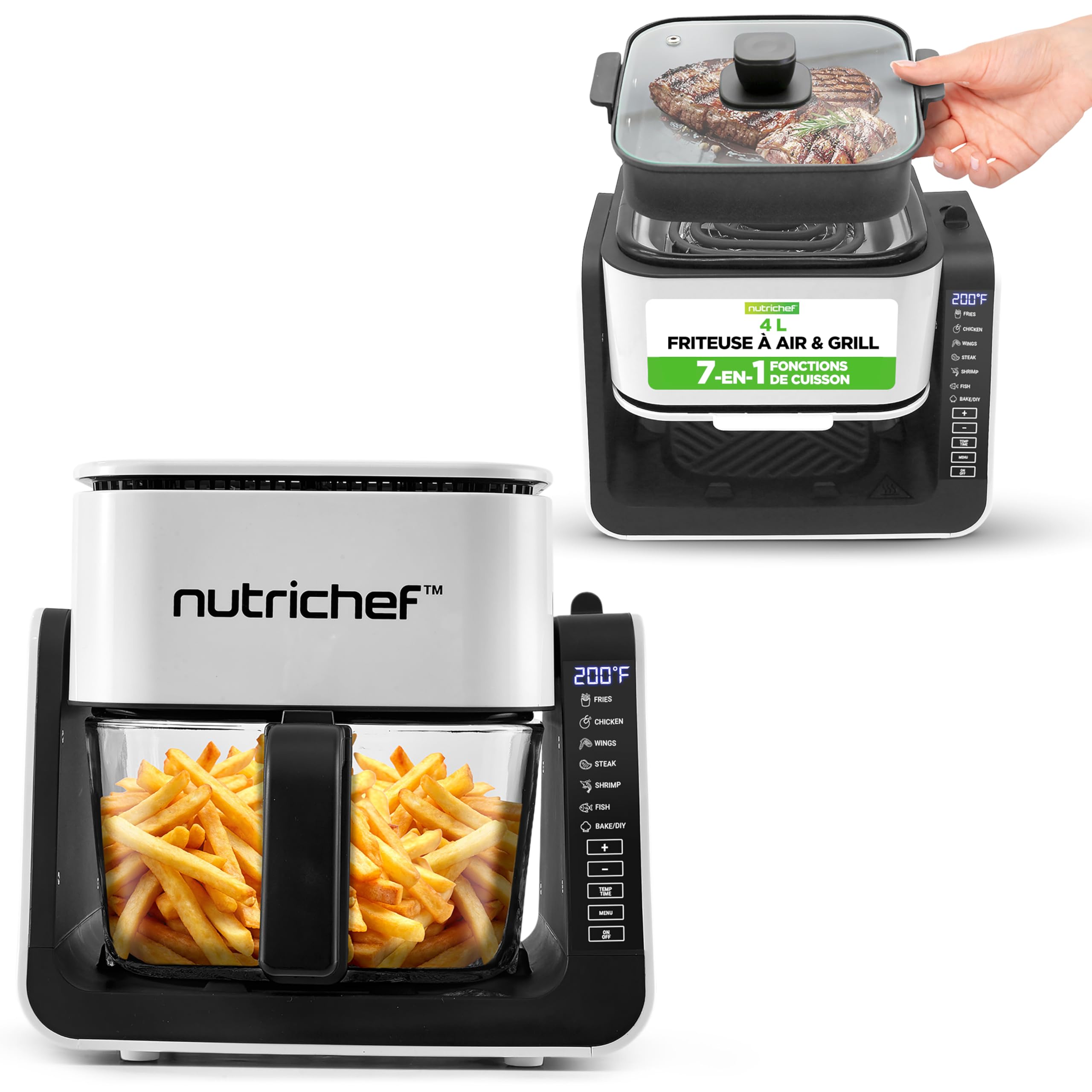 NutriChef Friteuse à Air avec Gril 1500W – Air Fryer à Bol en Verre Transparent 4L & Gril 1,2L, Double Niveau, 8 Programmes | Friteuse Sans Huile Frites, Ailes, Steaks
