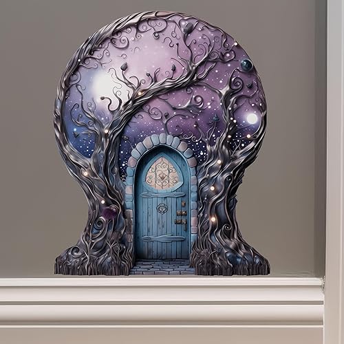 Cielo de nebulosa estrellada con decoración de luna de casa de árbol, calcomanía de pared para puerta de hadas