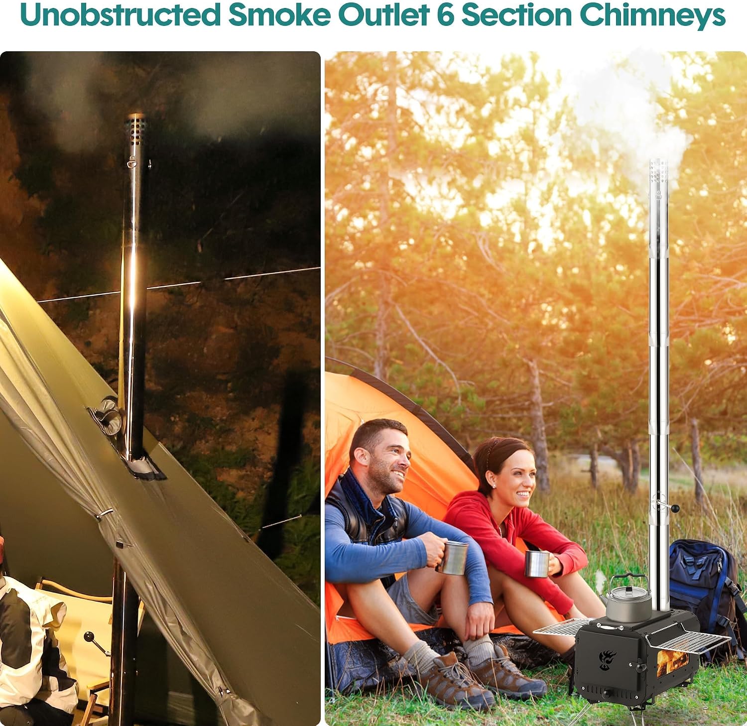 Cast Iron Portable Wood Stove with Chimney Pipe & View Glass, Hot Tent Stove, Camping Wood Stove for Outdoor Cooking & Heating, Ice Fishing, Hiking, Travel, Cookout
