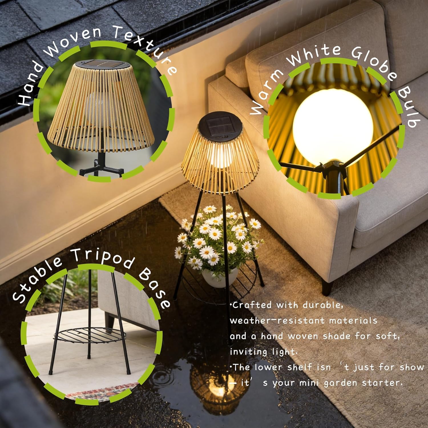 Solarlaterne für außen Boho Pflanzenständer Windlicht Outdoor Dekor Solar Rattan Stehlampe mit Gewebeschirm