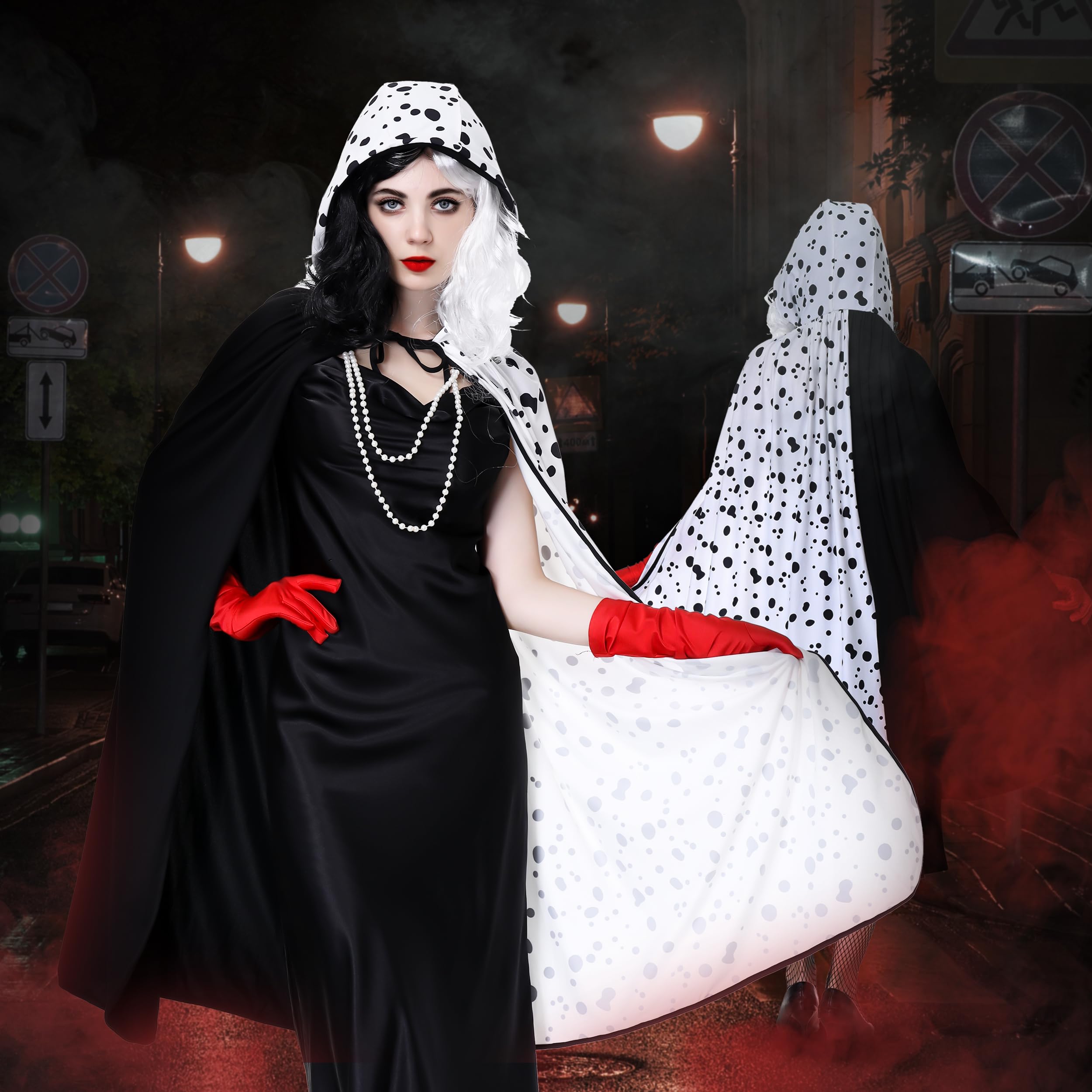 Charmofun 7 Piezas Disfraz Cruella Devil Mujer, Cruella de Vil Disfraz con Collar Peluca Guantes, Traje Halloween Mujer para Carnaval, Fiesta de Disfraces y Cosplay