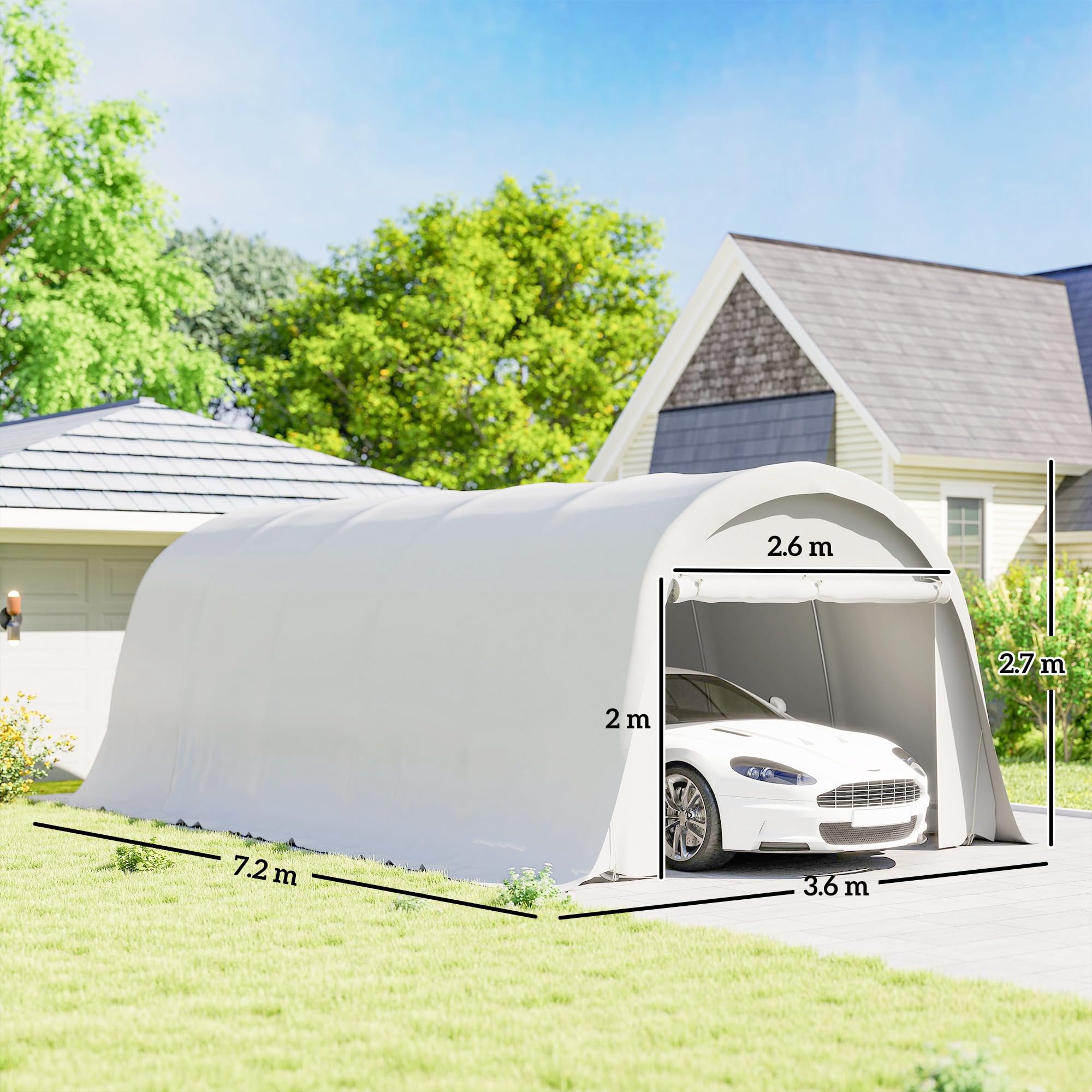 Outsunny Garage Auto per Esterno 3.6x7.2 m con Copertura PE, UV50+, Tettoia per Auto Telaio Zincato Porta Avvolgibile, Crema