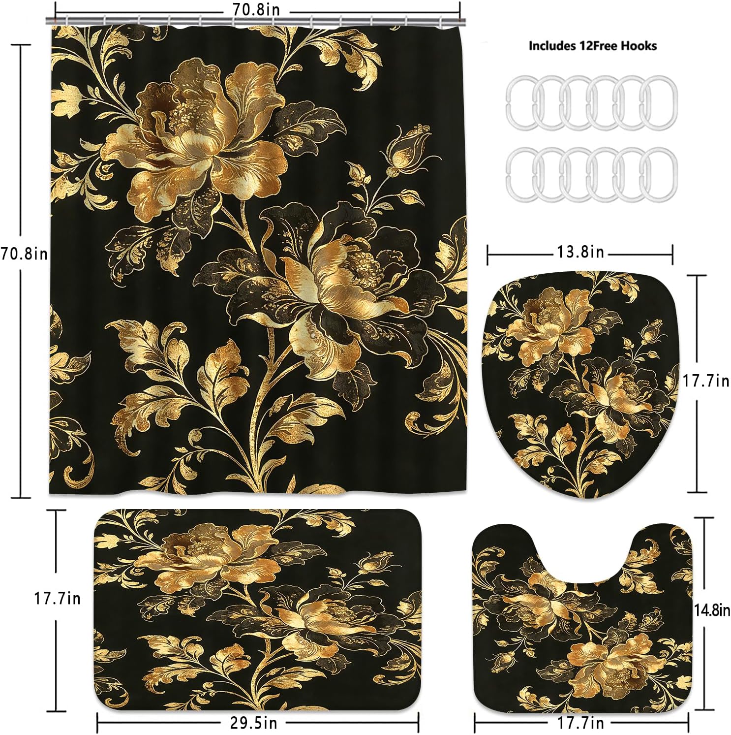 Yizheer Luxury 4Pcs Black & Gold Ornate Peony Floral Shower Curtain Set, Waterproof Bathroom Decor Kit, Elegant Vintage Baroque Style Curtain for Bathroom