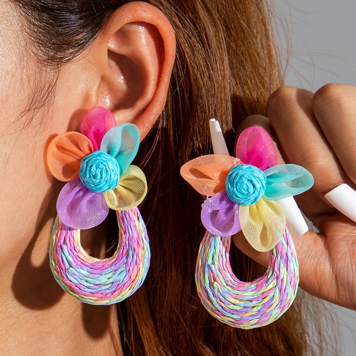 Vintage Flower Earrings for Women,Boho Colorful Handmade Weaving Flower Earring Statement Geometry Straw Dangle Drop Earring Beach Party Wedding Jewelry - Image 2