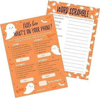 DISTINCTIVS Orange Little Boo is Almost Due Baby Shower Games - What's On Your Phone and Word Scramble 2 Game Bundle - 20 Dual Sided Cards