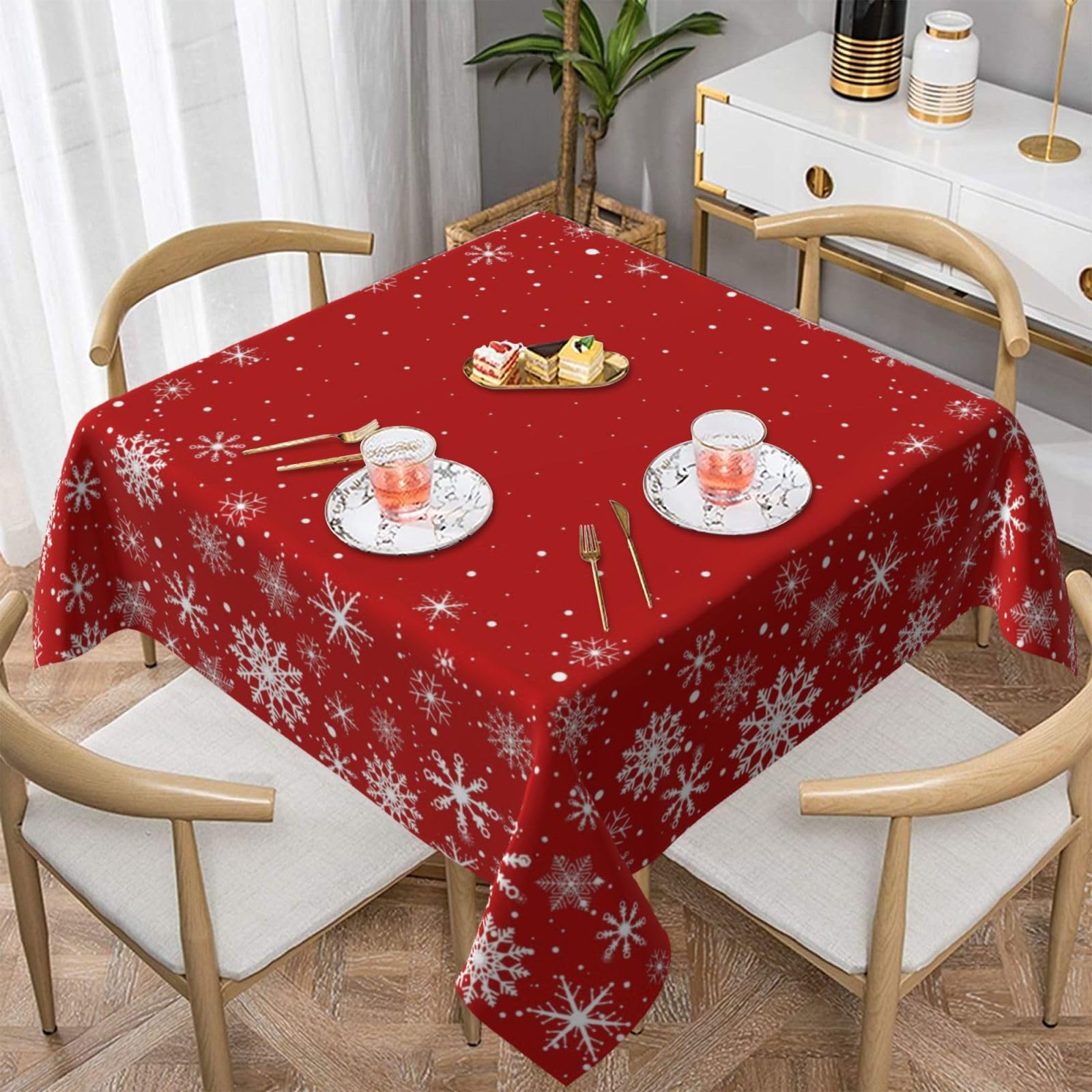 BYONEESS Red Christmas Snowflake Square Tablecloth 54x54 Inch Merry Christmas Table Cloth Xmas Table Covers for Holiday Party Dining Kitchen Picnic Patio Outdoor Decor — image 1
