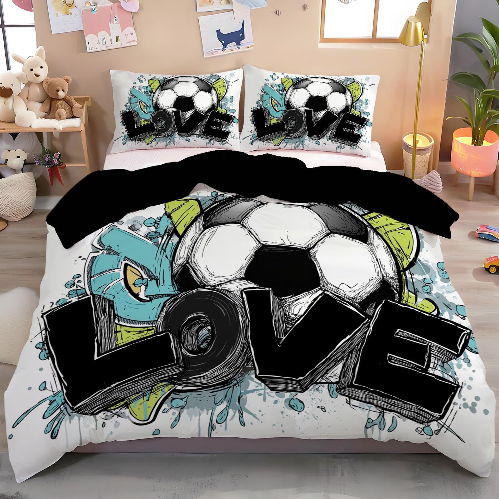 Housse de couette football 140x200 cm avec taie d'oreiller pour lit enfant