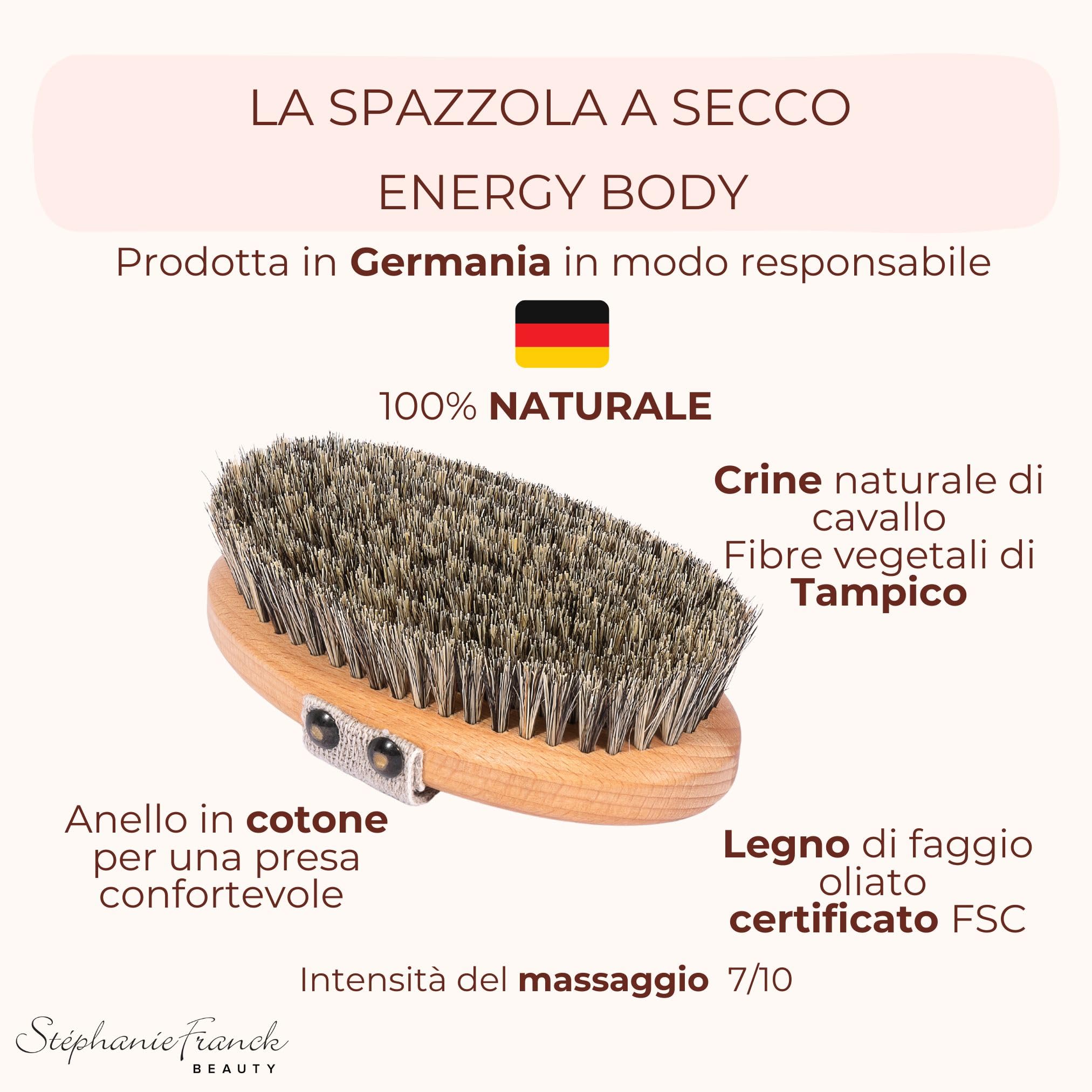 Dry Brushing Body Brush - Spazzola da Massaggio a Secco in Crine di Cavallo, Fibre di Tampico Rigide e Legno di Faggio - Esfoliante ed Energizzante - Made in Germany