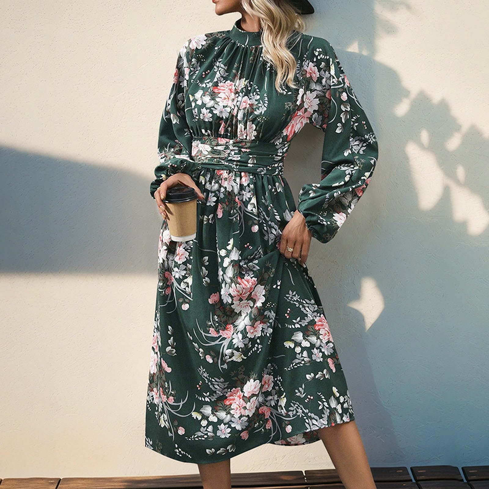 Letnie sukienki dla kobiet damskie letnie luźne retro nadruk wysoka talia luźny długi rękaw stójka na co dzień kwiatowa spódnica, ZIELONY, S