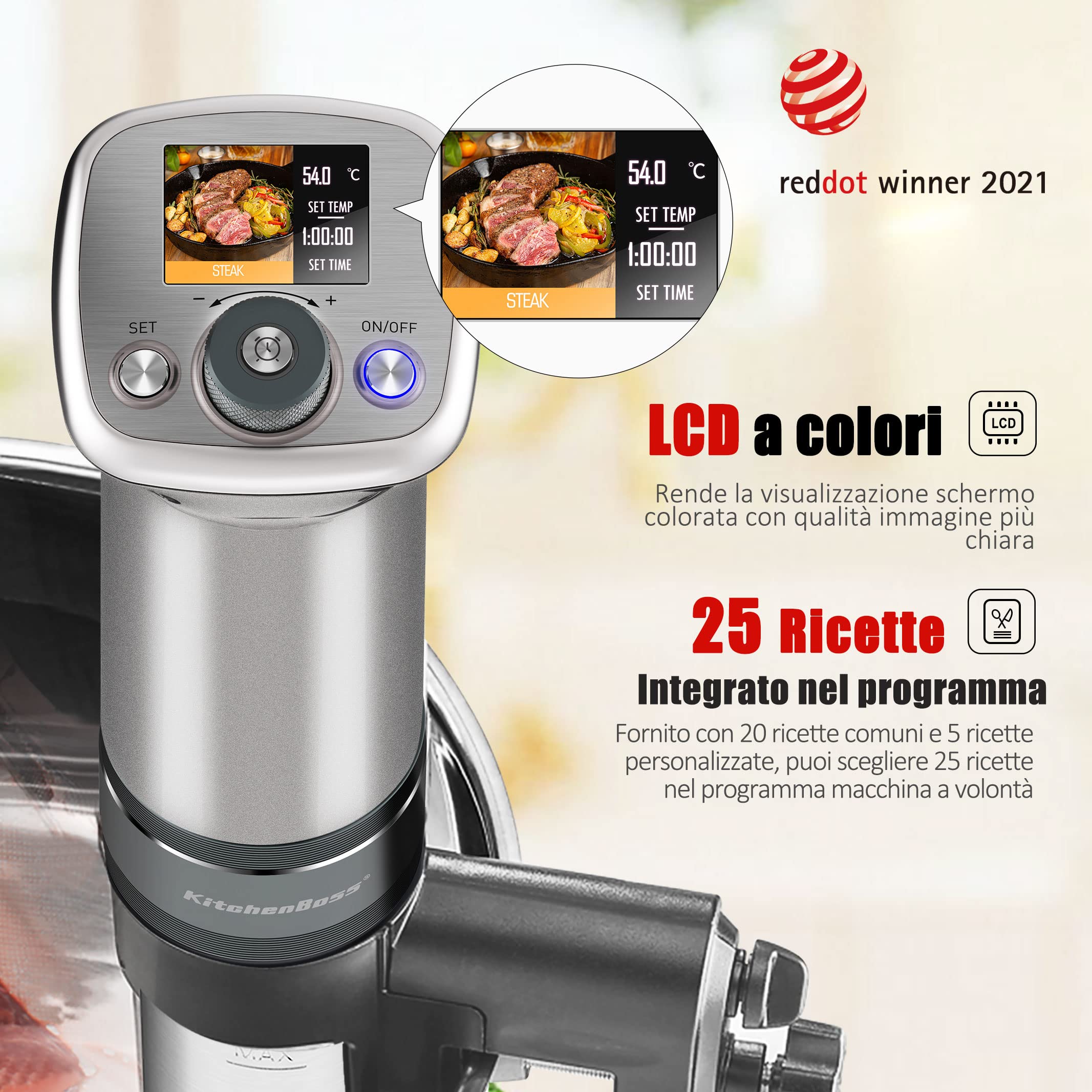 KitchenBoss Sous Vide Roner Cocina a baja temperatura 1100 W, IPX7 impermeable, de acero inoxidable