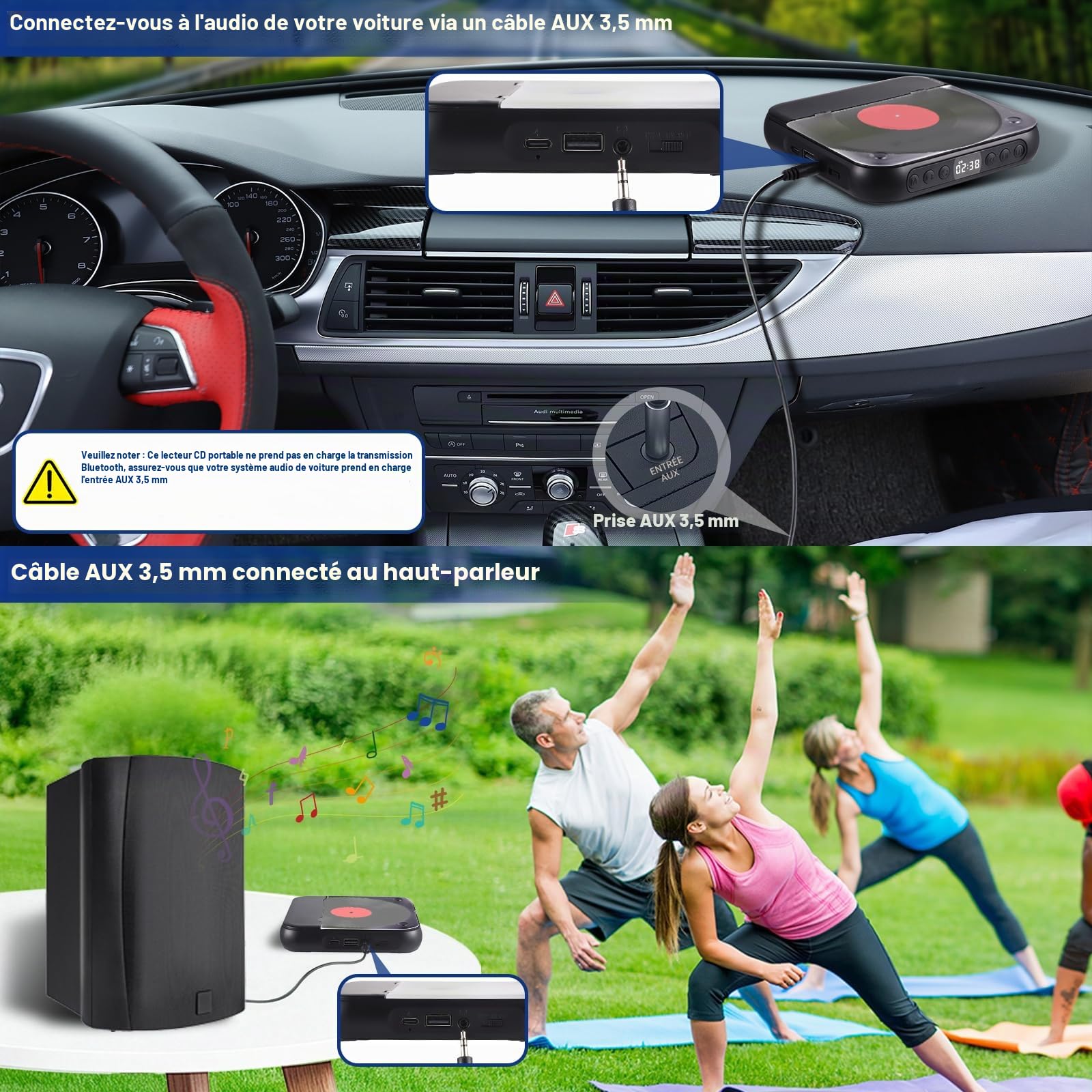 Lecteur CD Portable avec Bluetooth 5.3 - Lecteur CD Enfant avec Batterie 2000mAh Rechargeable, USB, MP3, Prise Casque - Haut-Parleur Intégré - pour Voiture, Voyage et Chambre d'enfant
