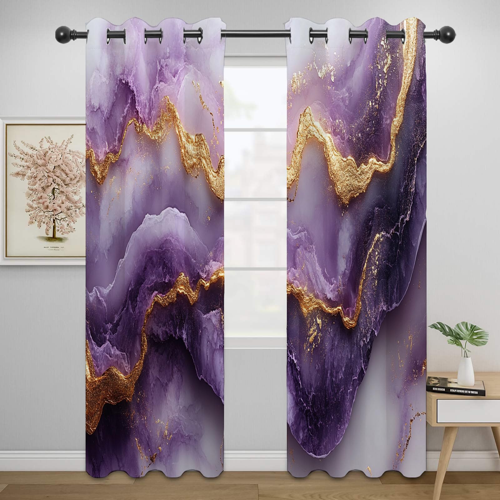 Aquarell Gardinen Blickdicht,Bunt Vorhänge, Abstrakter Purpurmarmor mit Goldadern Modern Abstrakte Tierdruck Vorhang, Verdunklungsvorhänge für Schlafzimmer Wohnzimmer,-H180 x B100 cm (2er Pack)