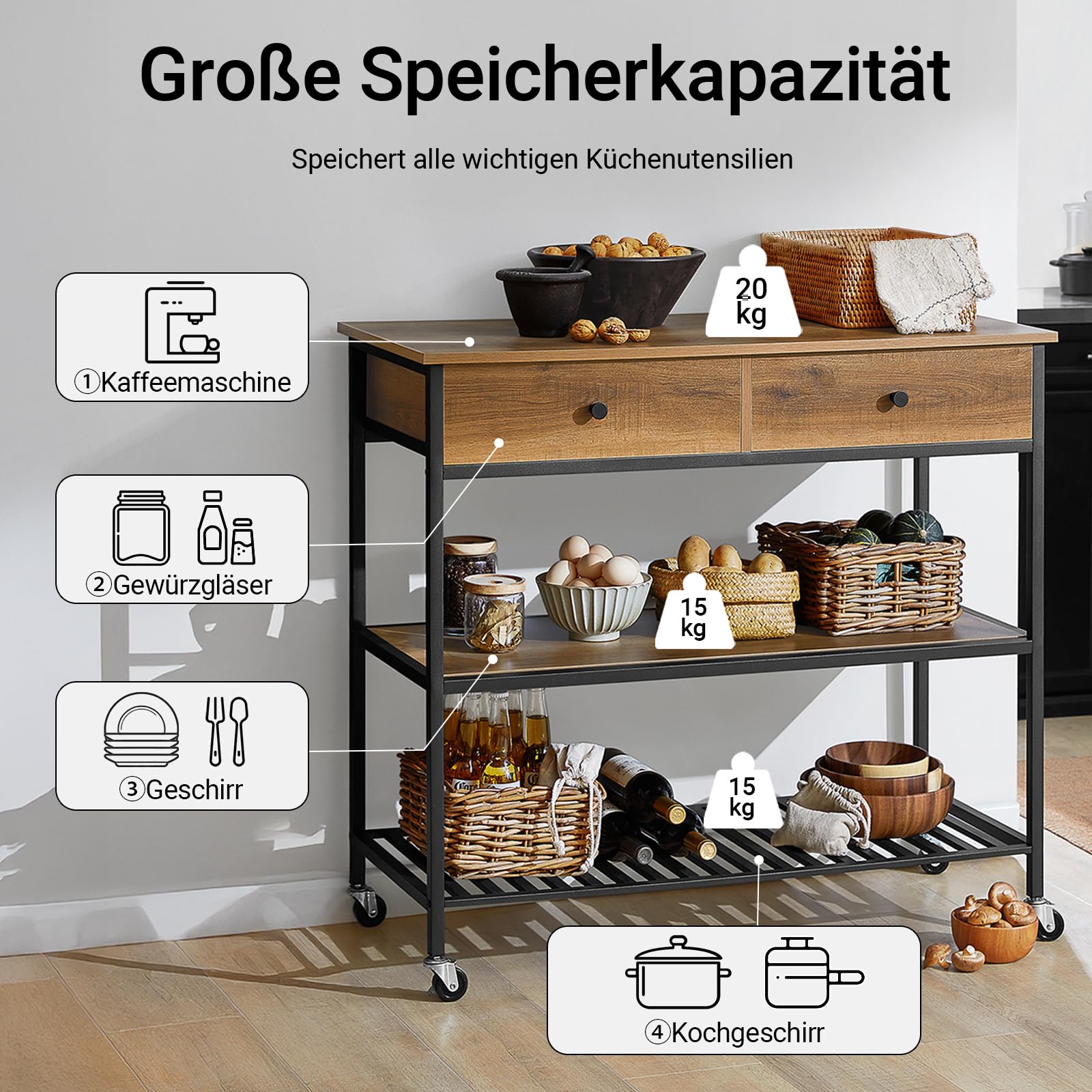 SoBuy Küchenwagen Servierwagen Küchenregal mit 4 Rollen Kücheninsel Flurschrank Sideboard Beistelltisch mit 2 Schubladen und 2 Ablagen Rollwagen Industrie-Design BHT ca.: 100x93x45cm FKW112-PF