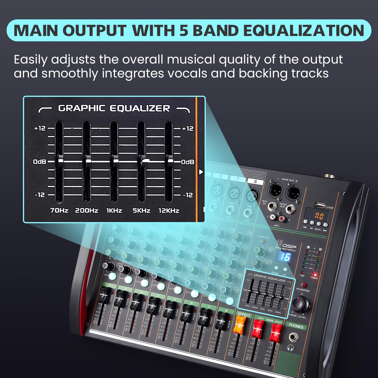 Audio Mixer 8 K, Professionelle Musik Sound Mixer Board mit 48V Phantomspeisung, Digital DJ Mischkonsole mit Reverb USB Port Bluetooth für Aufnahme Karaoke Podcasting