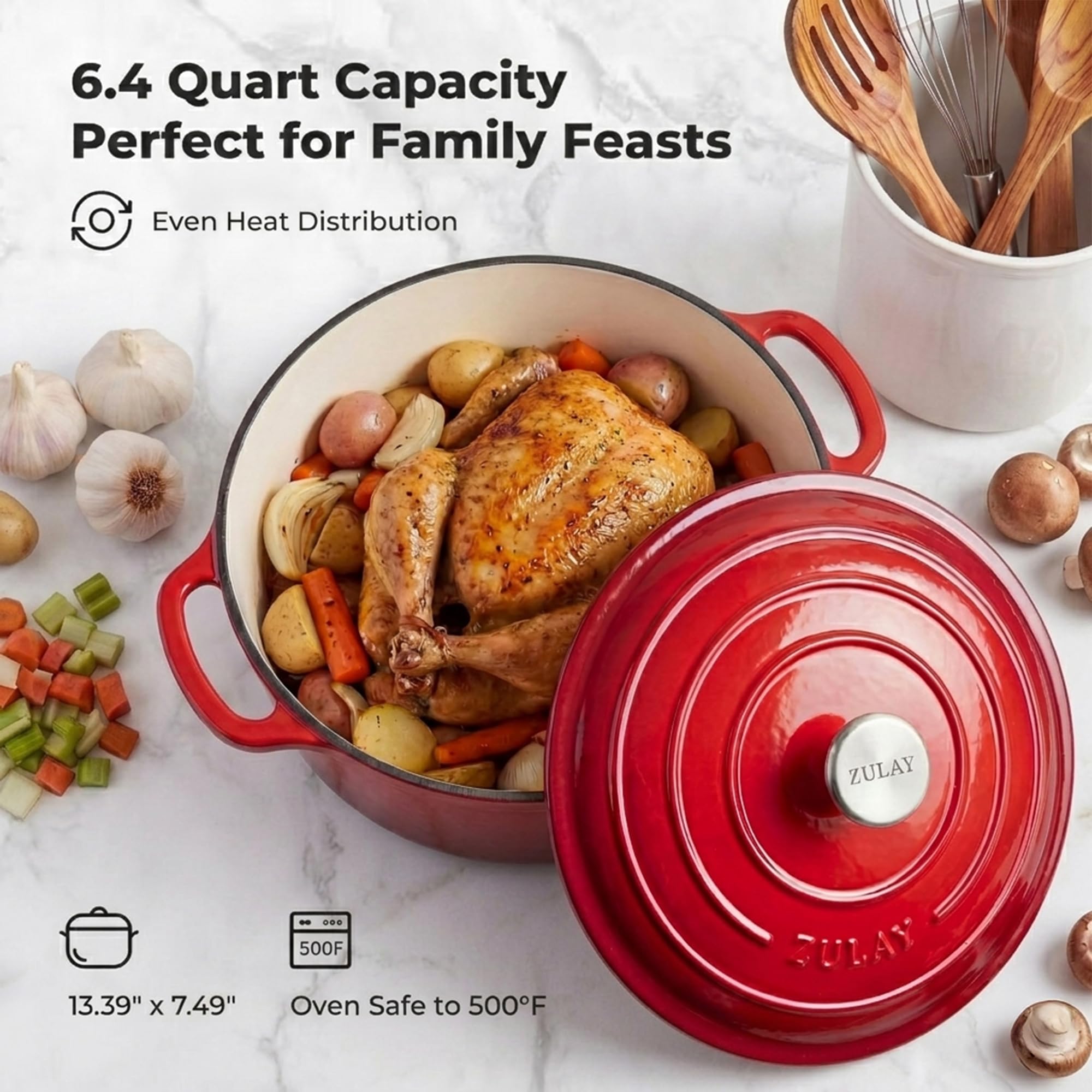 Zulay Olla holandesa de hierro fundido esmaltado de 6 cuartos con tapa, apta para horno hasta 260.0 °C, perfecta para hornear pan, guisos, estofados y cazuelas, utensilios de cocina de hierro fundido