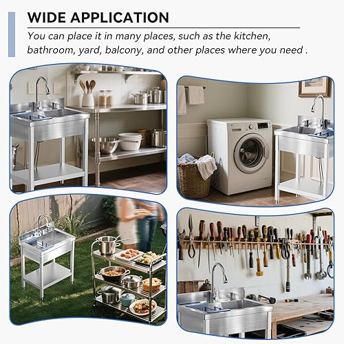 Miniatura 7 de Fregadero Utilitario de Acero Inoxidable, Fregadero Independiente de 28" con Grifo Retráctil de Agua Fría y Caliente, Mangueras y Kit de Drenaje