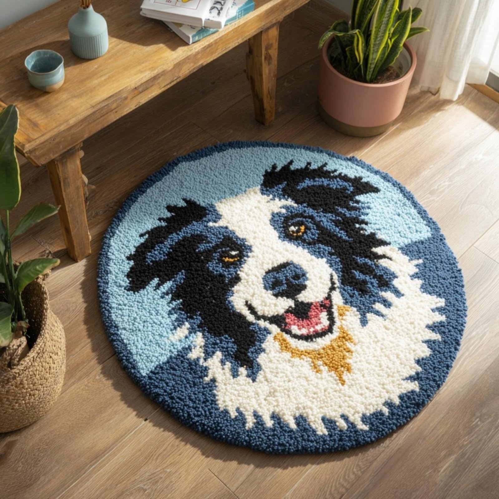 WallustrioaW Crochet Rug Making Kit for Adults,Border Collie Cartoon,DIY Needlework Crafts for Home Decor,Latch Hook Kits Gift for Beginners Kids,50x50cm