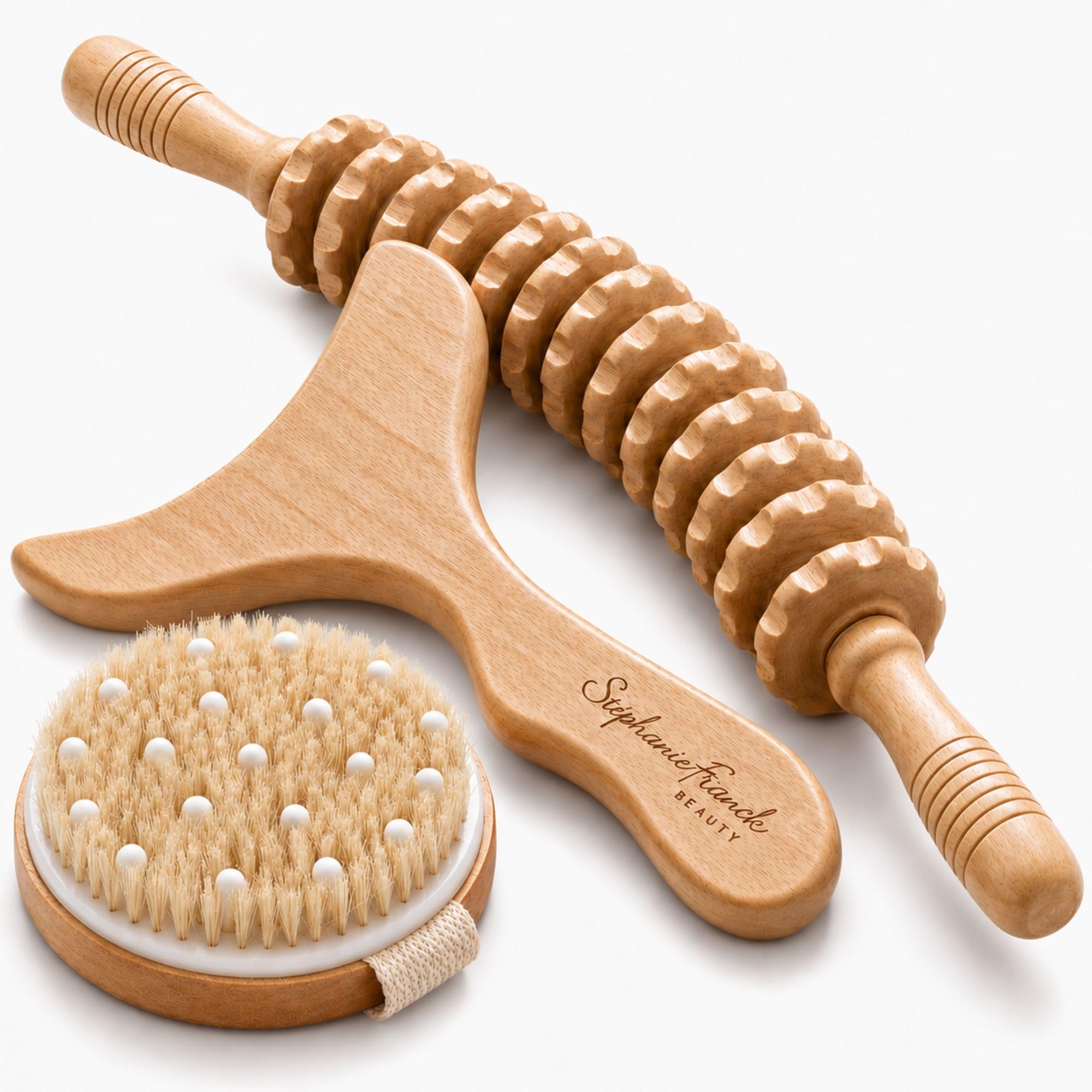 Set Massage Corps en Bois, Rouleau Maderothérapie, Gua Sha Corps et Brosse Massage à Sec, 3 Accessoires Bien-Être pour Jambes, Cuisses, Ventre, Bras, Cadeau Femme