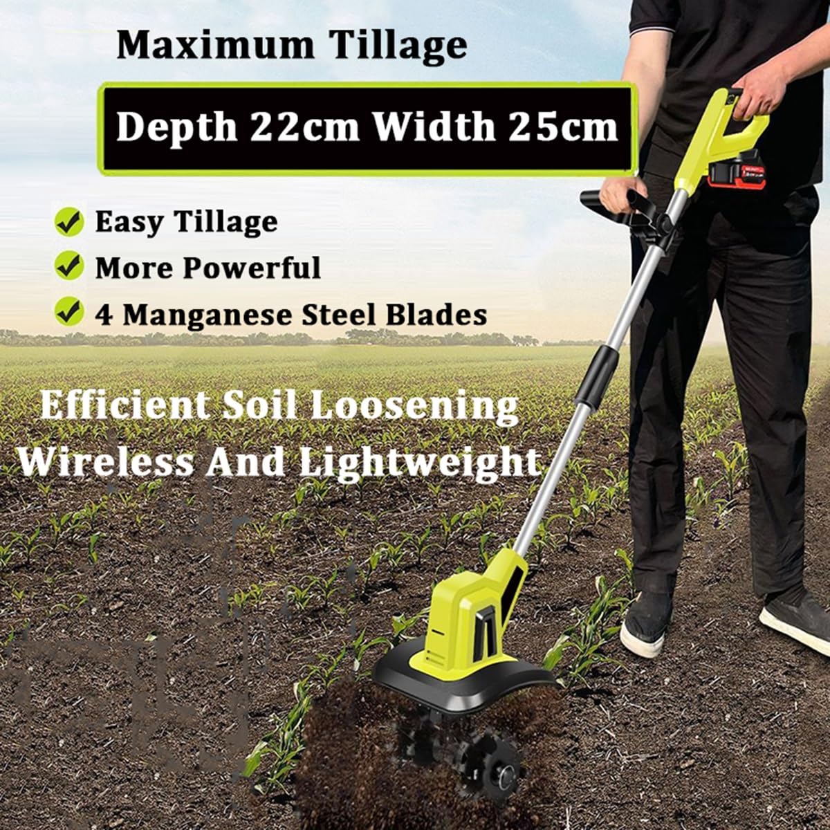 Motozappa elettrica Senza Fili, Motozappa da Giardino 20 V, Batteria 2×12 Ah, Motozappe per scavo, Rimozione Erbacce - Larghezza di Lavorazione 25 cm, profondità di Lavorazione 22 cm