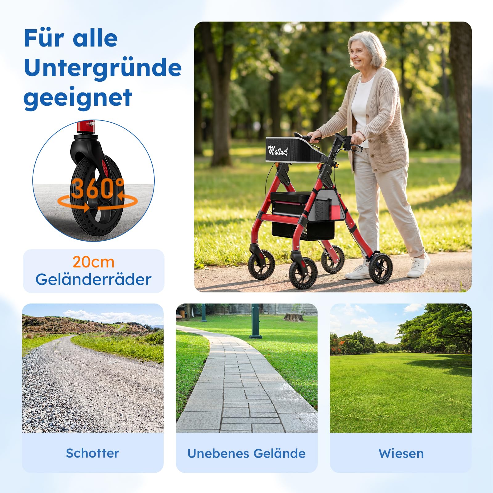 Faltbarer Rollator für Senioren Outdoor, Tragkraft bis 200kg, Rot | 20cm Gummireifen für jedes Gelände, Rollator für den Außenbereich aus Aluminiumlegierung mit breitem, höhenverstellbarem Sitz