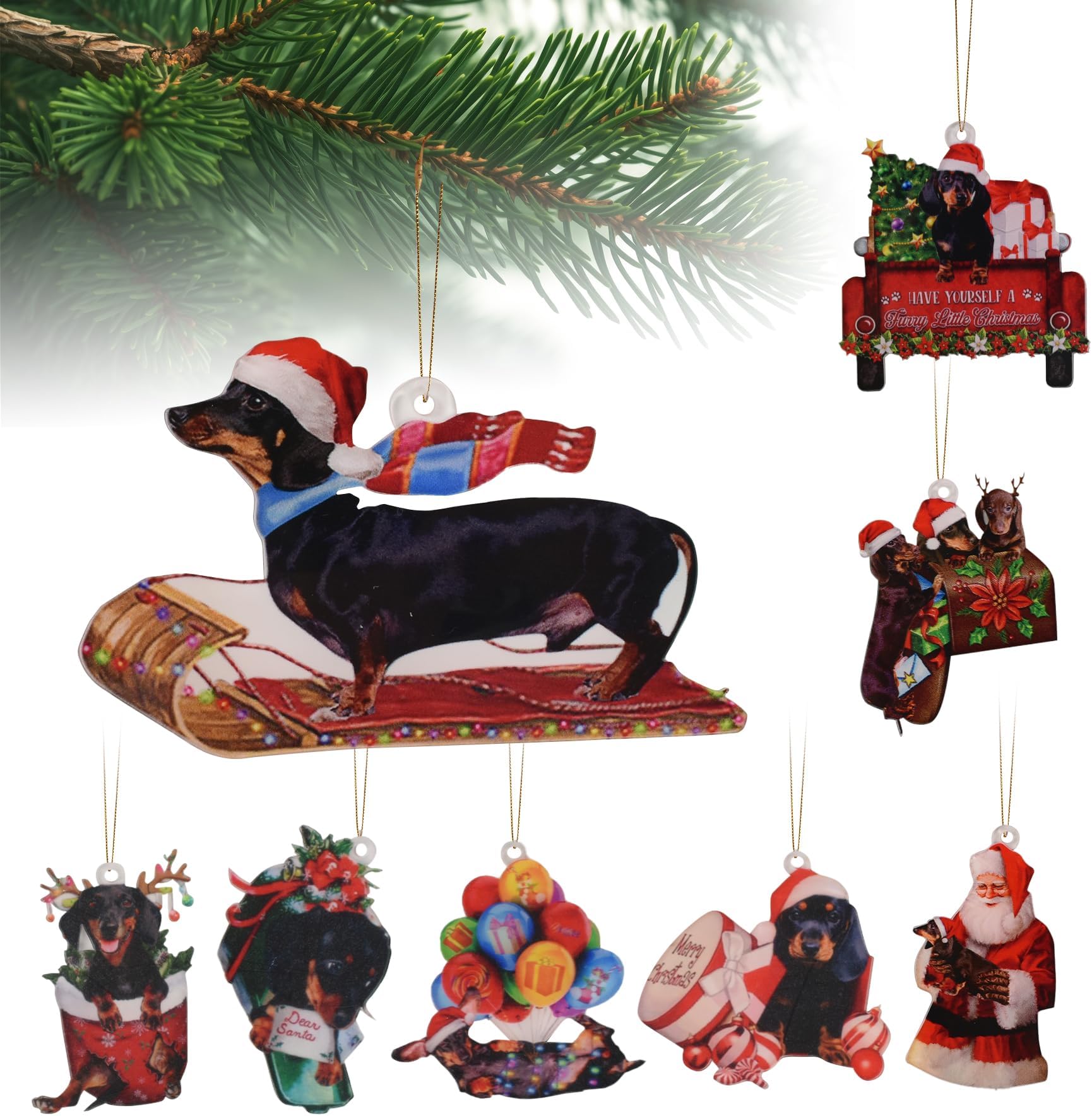 Dachshund Dog Christmas Pendant 8PCS, Christmas Dachshund Ornament Acrylic Santa Claus Hanging Decoration Car Accessories Drop Ornaments Animal Xmas Crafts Decor Tree Hanging