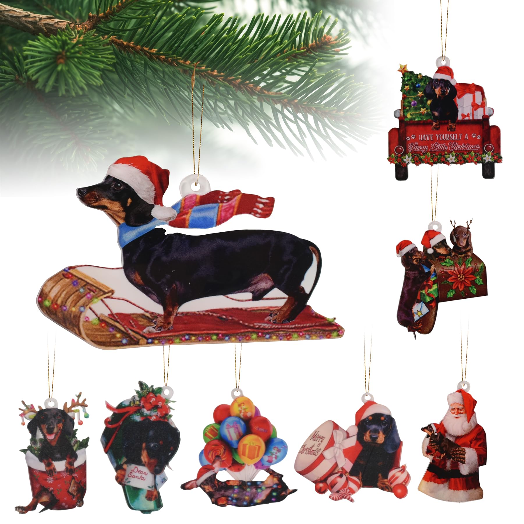 Dachshund Dog Christmas Pendant 8PCS, Christmas Dachshund Ornament Acrylic Santa Claus Hanging Decoration Car Accessories Drop Ornaments Animal Xmas Crafts Decor Tree Hanging