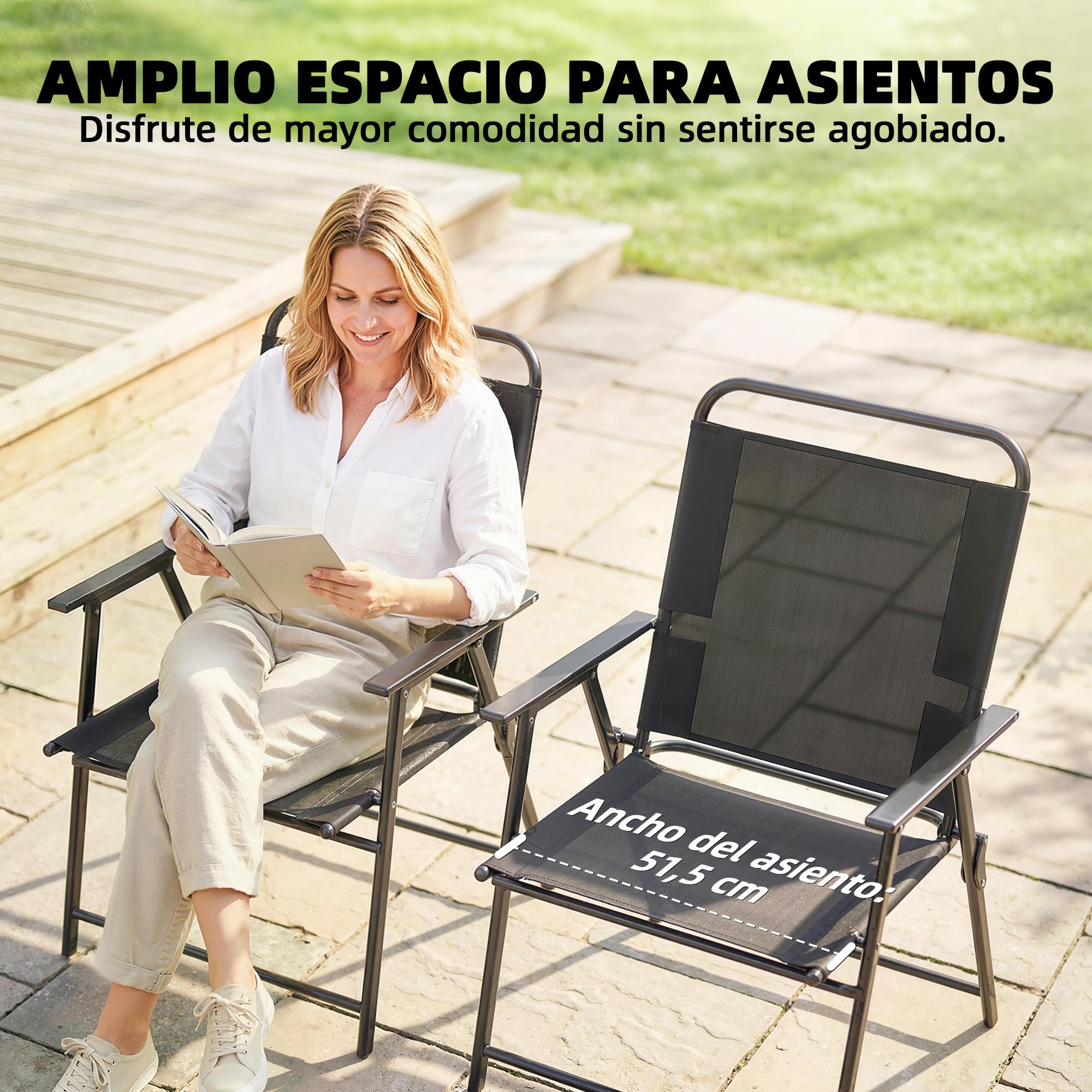 Outsunny Pack de 4 Sillas de Camping Plegables, Sillas de Jardín Exterior con Respaldo Alto, Asiento Ancho y Reposabrazos, Tela Textilene Transpirable y Marco de Acero para Terraza, 65x60x94 cm, Negro