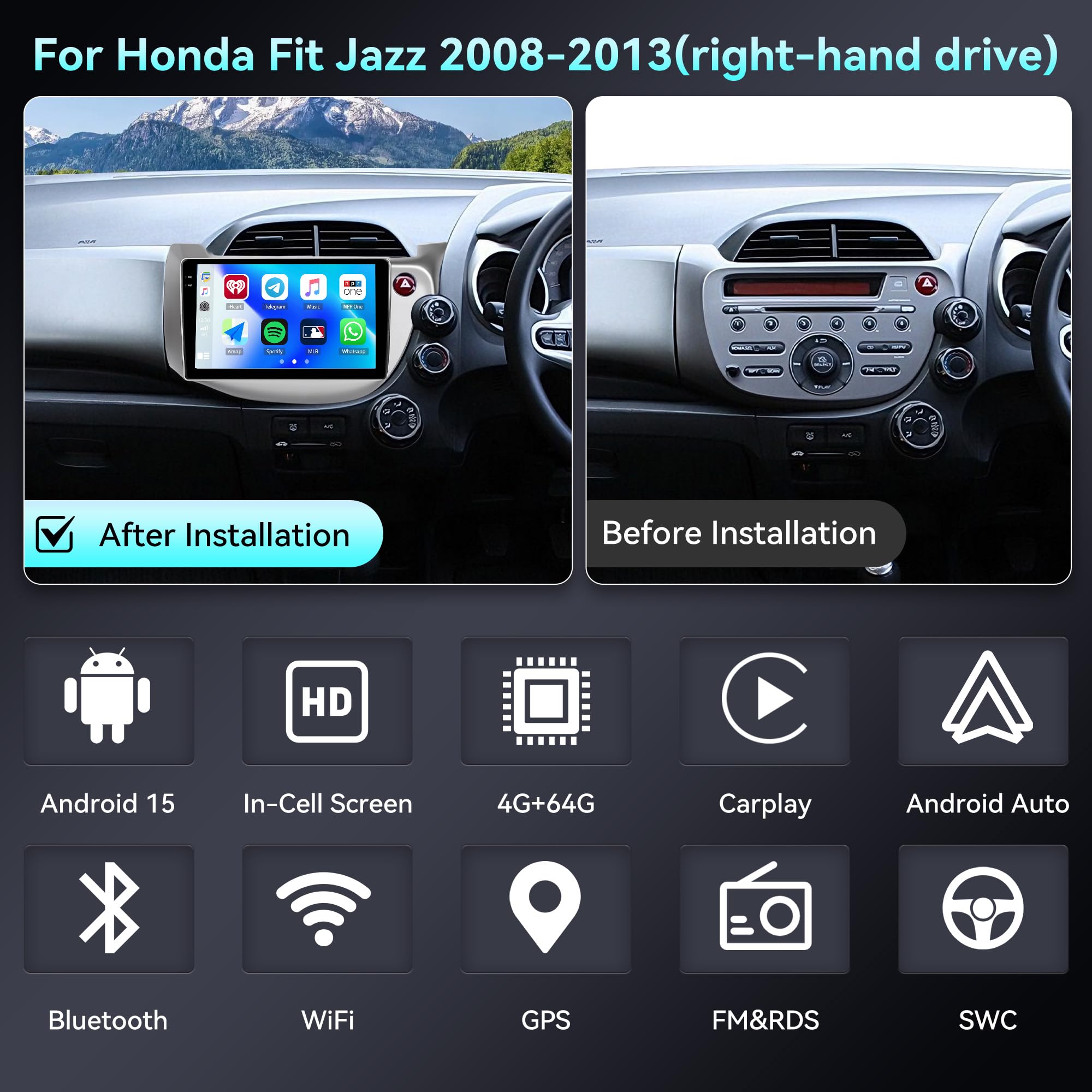 SIXWIN 4GB+64GB Android 15 Autoradio per Honda Fit Jazz 2008-2013, Schermo HD 10.1 Pollici, Wireless CarPlay e Android Auto, WiFi, GPS, Mirror Link, Bluetooth 5.0, FM/RDS con Telecamera Posteriore