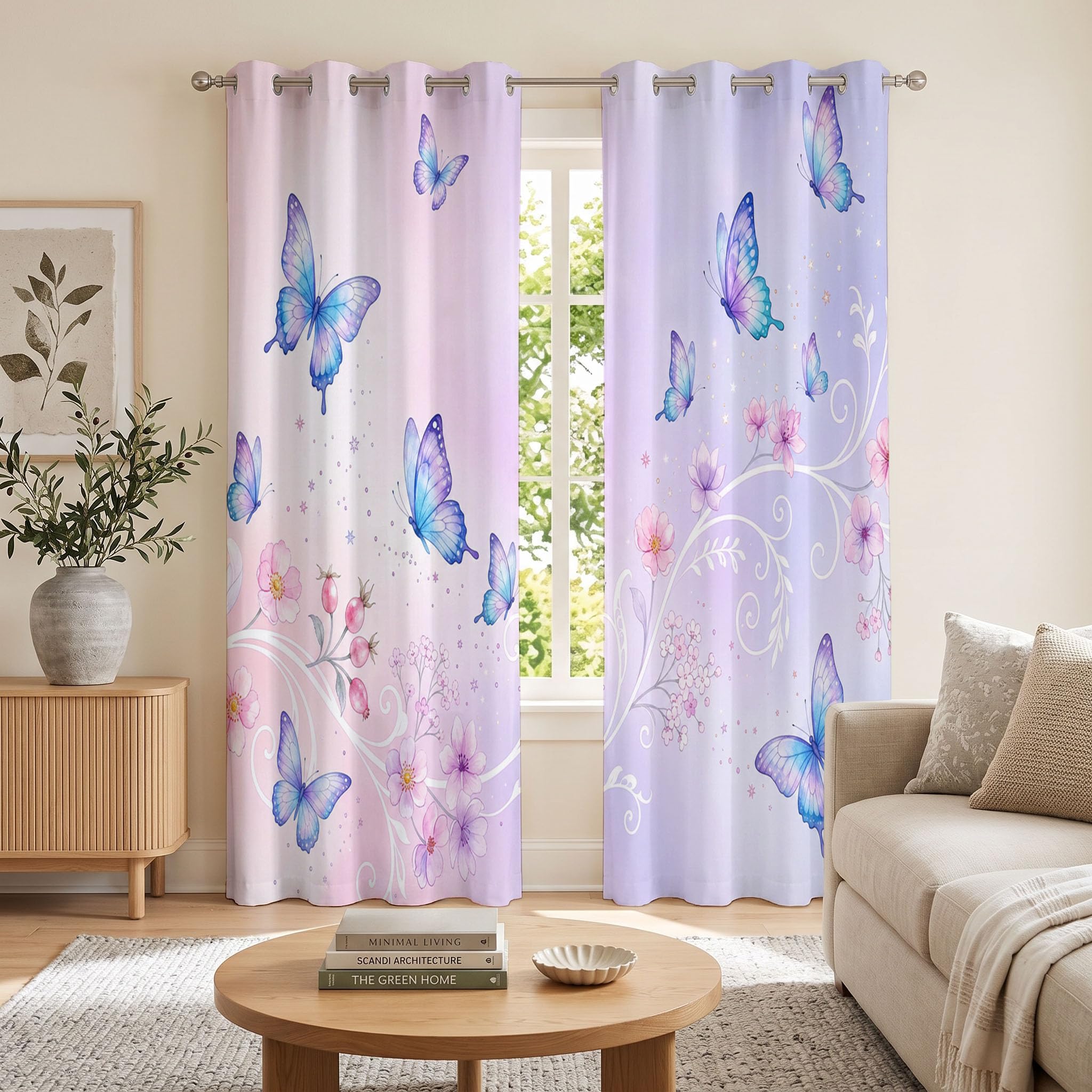 Verträumter Farbverlauf Vorhang Blickdicht Gardinen Mit Ösen, Schmetterlingsblumen Muster Verdunklungsvorhänge H175 x B140 cm (2er Pack), Rosaviolett Thermovorhang Kälteschutz Für Schlafzimmer Fenster
