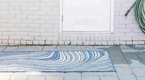 Miniatura 3 de Unique Loom colección moderna para exteriores - Alfombra de área para piscina (2 pies x 6 pies 1 pulgada alfombra de pasillo, color azulmarfil)