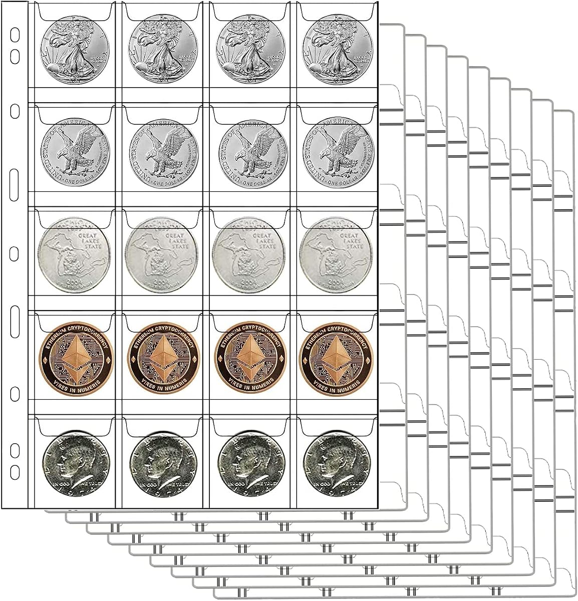 AITIME 20-Pocket Coin Sleeves, 10 Sheets Coin Pockets Pages for Binder | Coin Collection Supplies,Coin Collecting Holder for Collector,fits Coins,Stamps,Tokens,Badges
