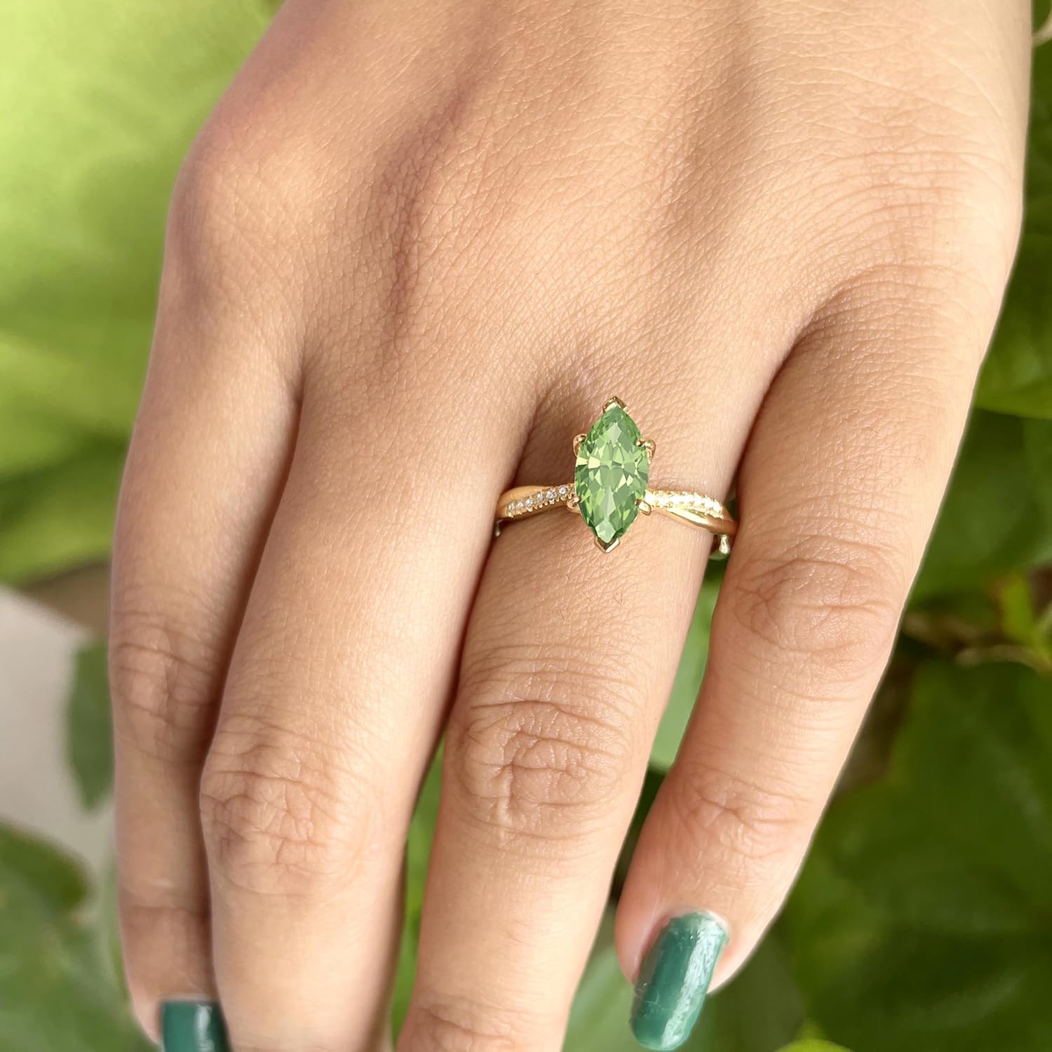 1 Ct. Marquise Cut Green Peridot & Diamond Twisted Solitaire With Accent Engagement Ring For Women, 14K Gold Plated 925 Silver August Birthstone Peridot Swirl Bypass Bridal Side Stone Ring
