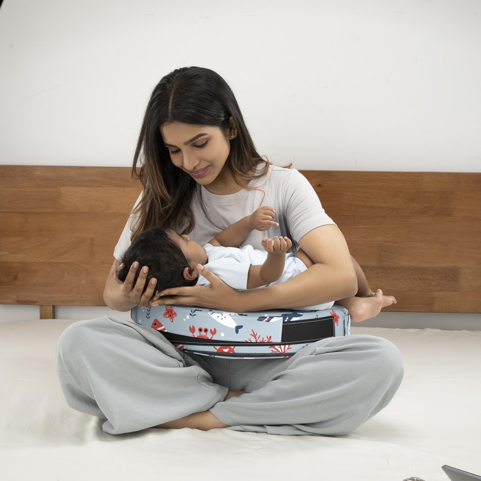 Wakefit Foam Nursing Pillow for Breastfeeding & Baby Care | Ideal for Newborn with Adjustable Strap | 100% Cotton Removable Cover | Super Soft Foam for Posture Comfort | Coral Dive-image-19