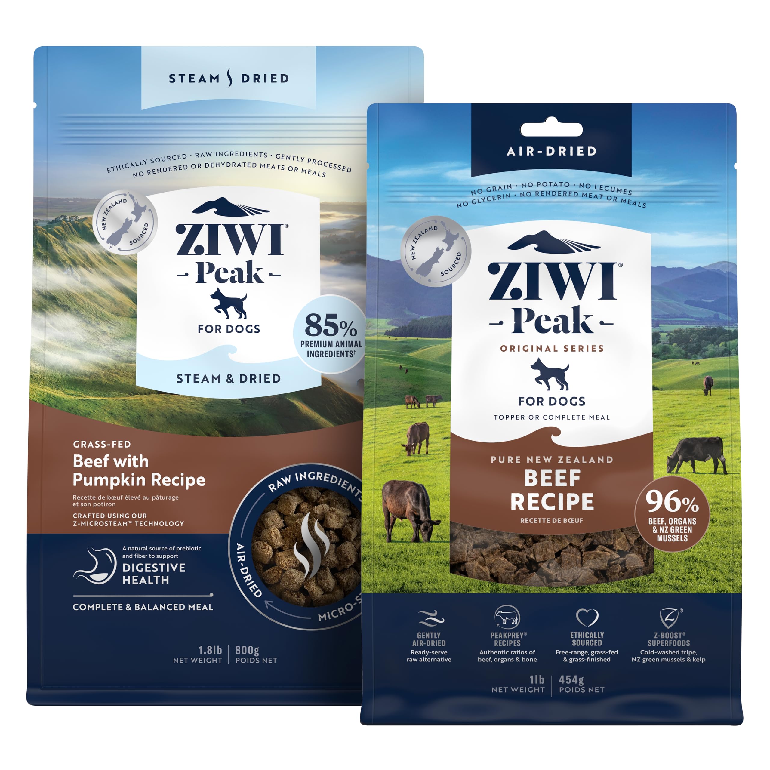 ZIWI Peak Beef Dry Dog Food Bundle- Steam & Dried Beef w/Pumpkin (28.8oz) + Air-Dried Beef (16oz)