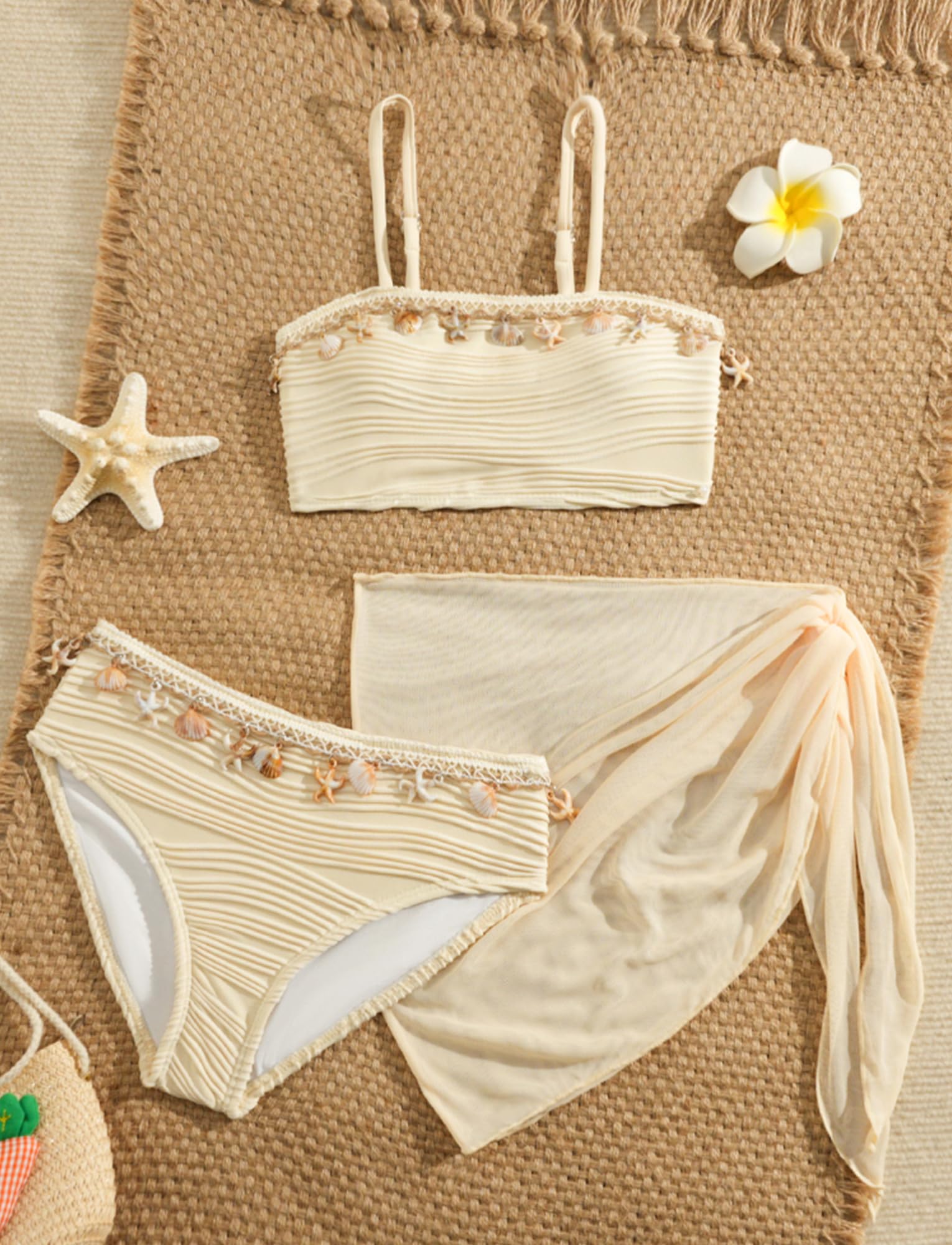 Maeau Bikini Maillot de Bain Coquilles 3 Pièces pour Fille, Haut de Bikini+Culotte+Jupe, Ensemble de Natation, Plage, Piscine, 8-12 Ans