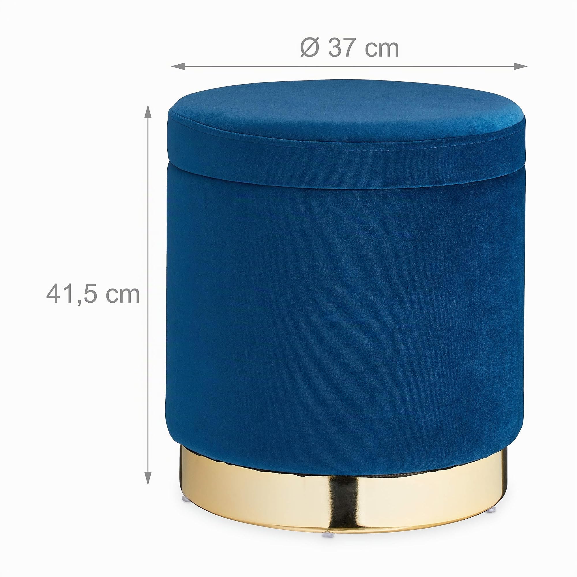 Relaxdays Taburete Terciopelo, Redondo, Reposapiés Tapizado Elegante, Puff Moderno, 41,5 x 37 cm, Azul/Dorado