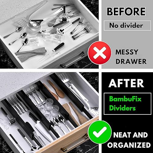 Miniatura 4 de Paquete de 6 separadores de cajones de bambú, ajustables y expandibles de 11.8 a 17.1 pulgadas con bloqueo y almohadillas antideslizantes,