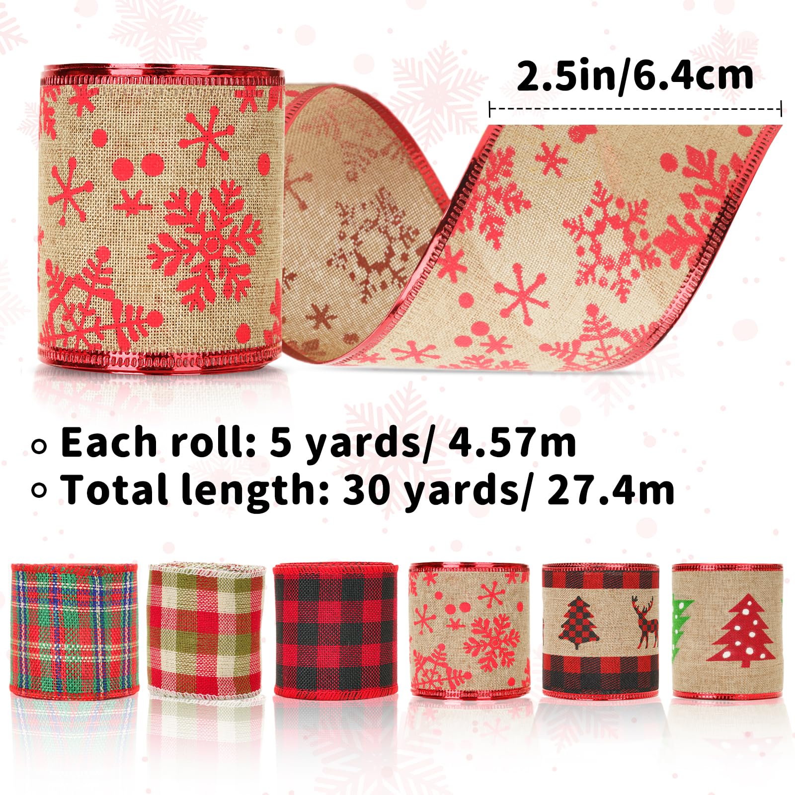 KINGLAKE 30 Yards Christmas Wired Ribbon for Wreath Bows Making 2.5 Inch Burlap Tartan Hessian Ribbon - Image 2