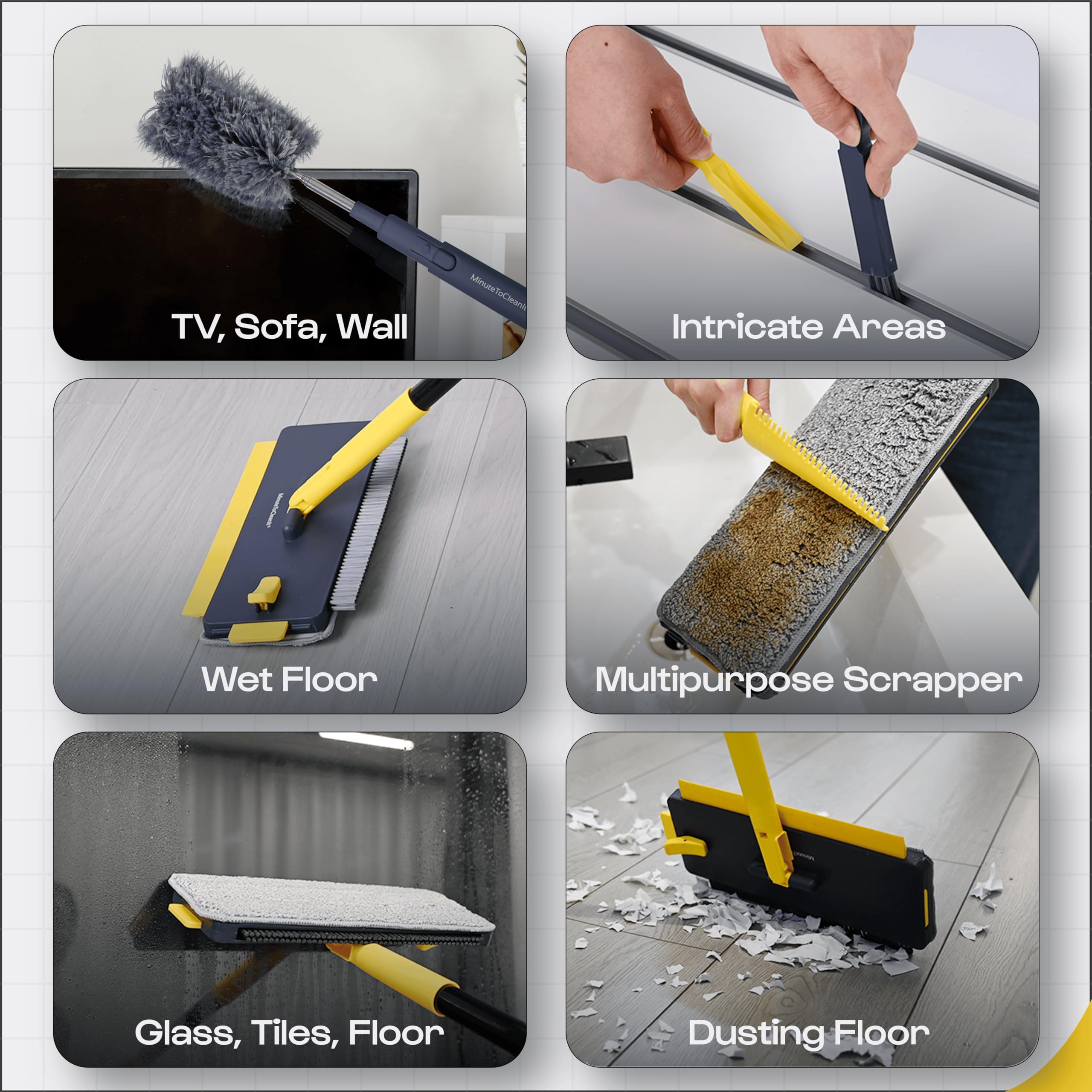 MinuteToCleanIt 6-in-1 Floor Cleaning Kit – Microfiber Mop with Wiper, Jhadu, Scraper, Duster & Gap Brush – Wet & Dry Pocha Set with 360° Rotation, Stainless Steel Handle for Home, Kitchen, Bathroom 1