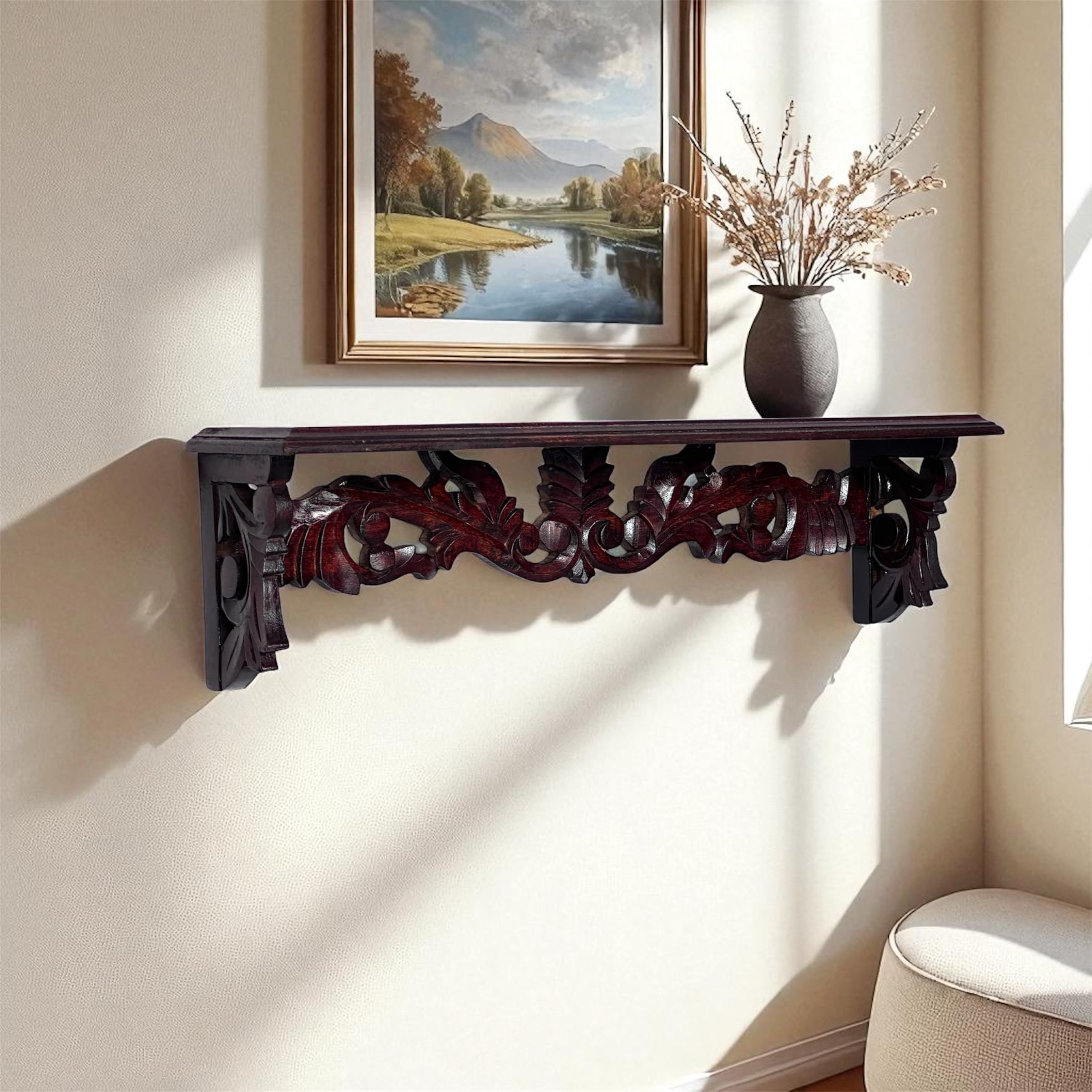 woodsome Handcrafted Wooden Wall Hanging Shelf Kitchen Rack 24x5 Inch Decorative Carved Wall Shelf for Living Room, Bedroom & Office Antique Finish Wooden Display Rack-image-11