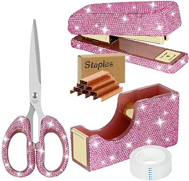 MultiBey Bling Office Supplies Set for Women, Shiny Pink, 3-Piece Set