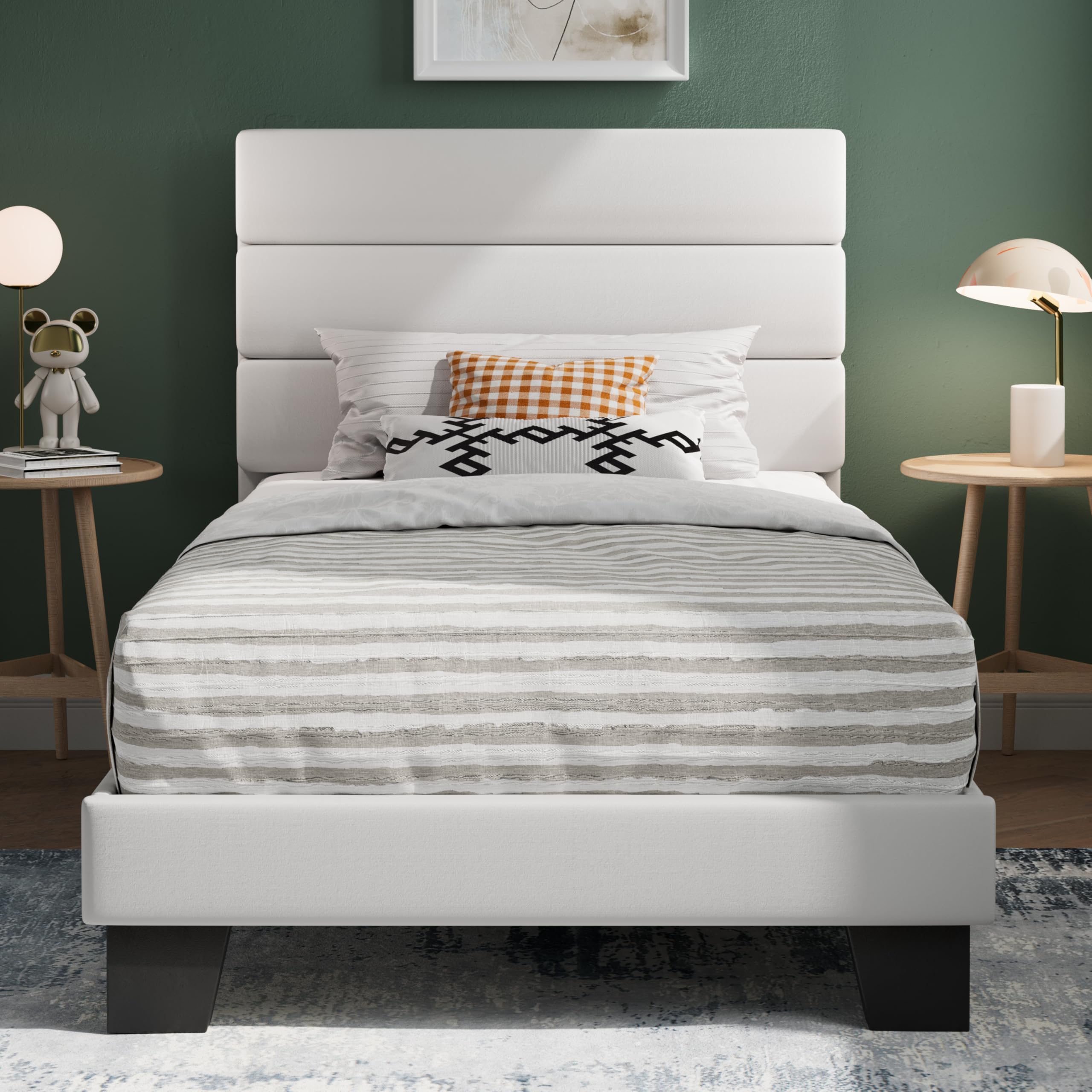 SHA CERLIN Twin Platform Bed Frame with Upholstered Velvet Headboard, White