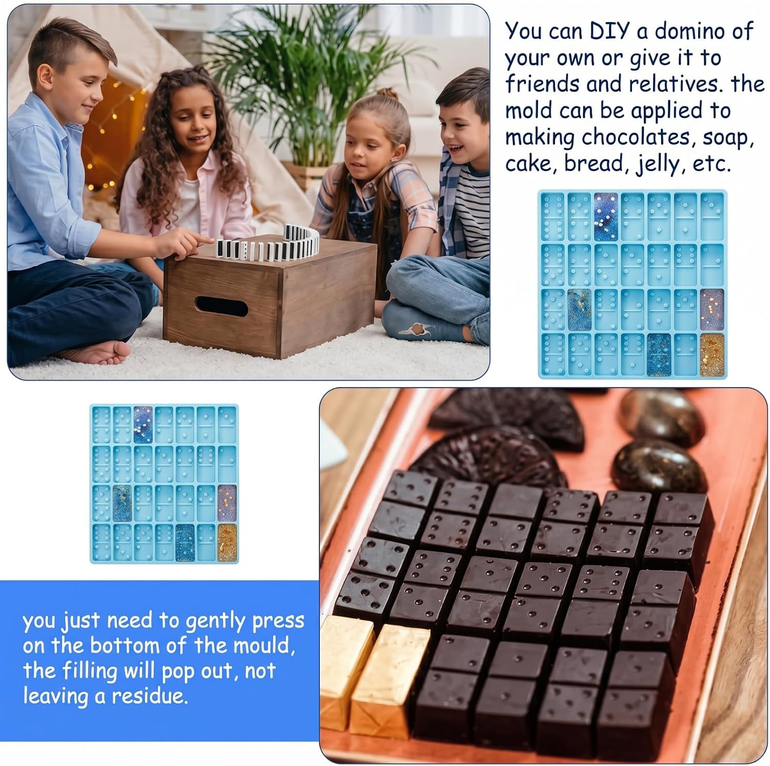 Domino Mold for Resin Domino Mold for Epoxy Candy Clay Chocolate Mould 28 Cavities Silicone Mould Pendant Epoxy Cake Jewelry Making Tool(Classical,Blue)