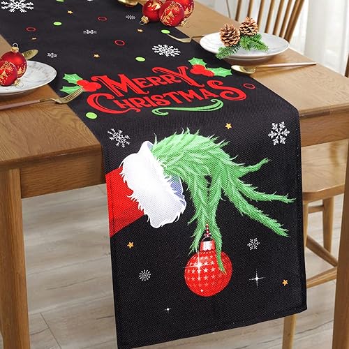 Camino de mesa de Navidad negro de 14 x 72 pulgadas, rústico de casa de campo con temática de feliz Navidad, mantel de elfo para decoración de mesa