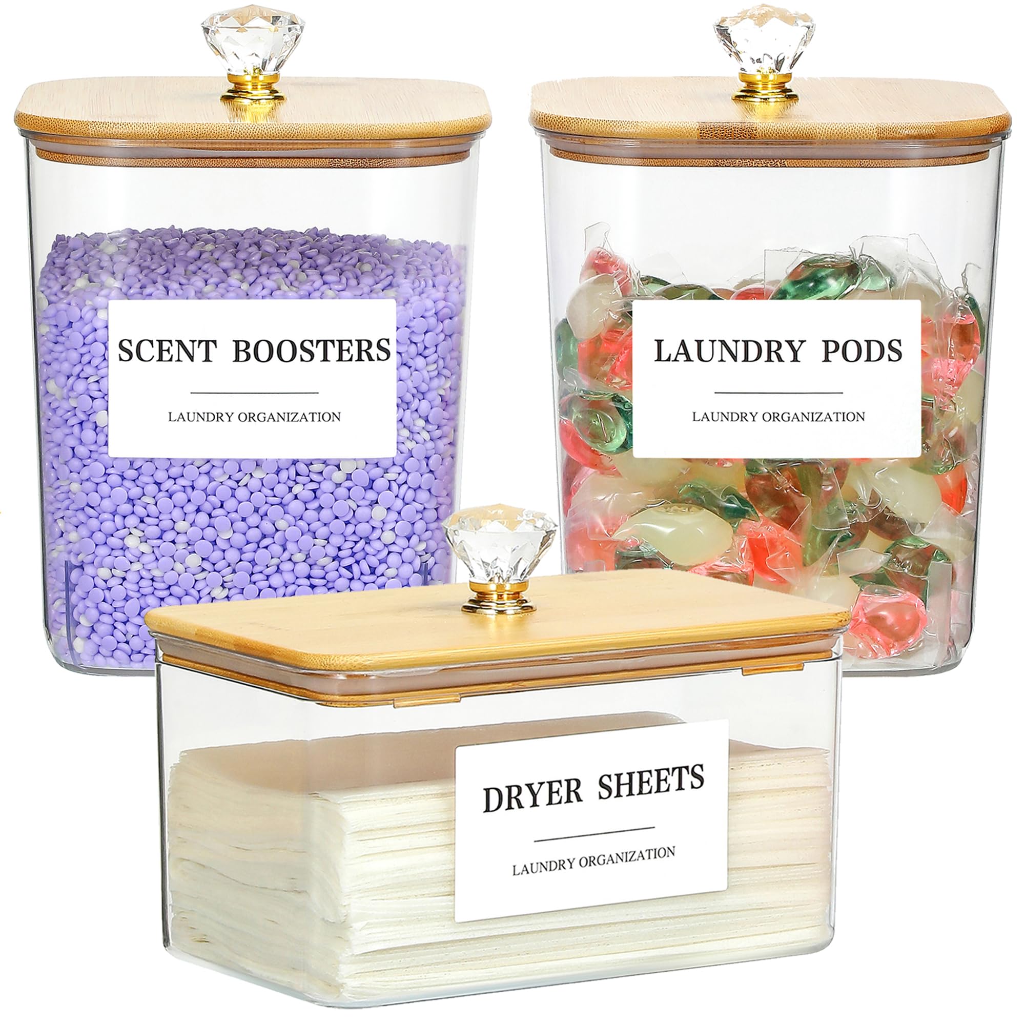 Photo 1 of Dounozzi 3 Pack Large Laundry Powder Container and Dryer Sheet Holder with Airtight Lid, Clear Plastic Laundry Pods Container for Laundry Room with Scoops, 12 Lables