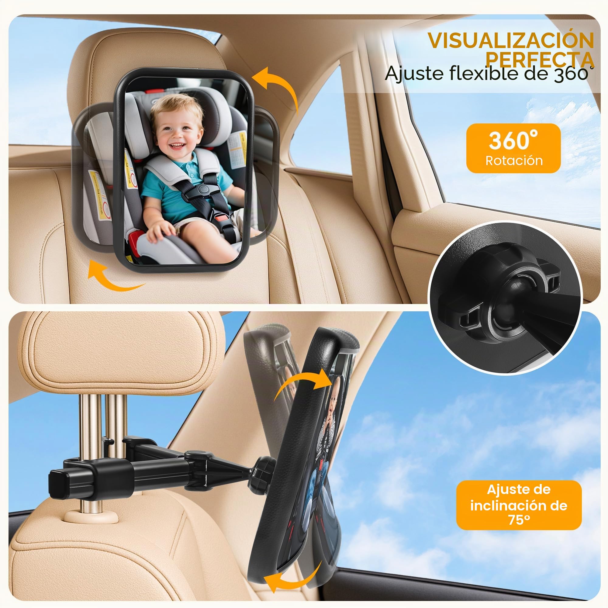 Espejo Coche Bebé, 100% irrompible y 360° giratorio Espejo Coche Bebé Asiento Trasero, Espelho Carro Bebé con clip de sujeción reforzado - accesorio indispensable para coches de recién nacidos