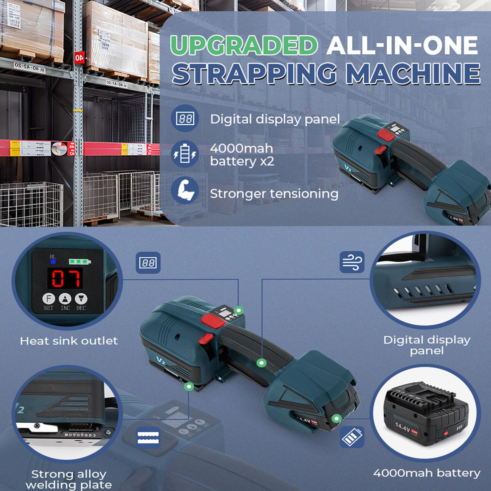 Automatische elektrische Umreifungsmaschine, tragbares Bandierwerkzeug mit LCD-Bildschirm, für 1,3-1,6 cm PP-PET-Umreifung, einfach zu bedienende Ballenpresse