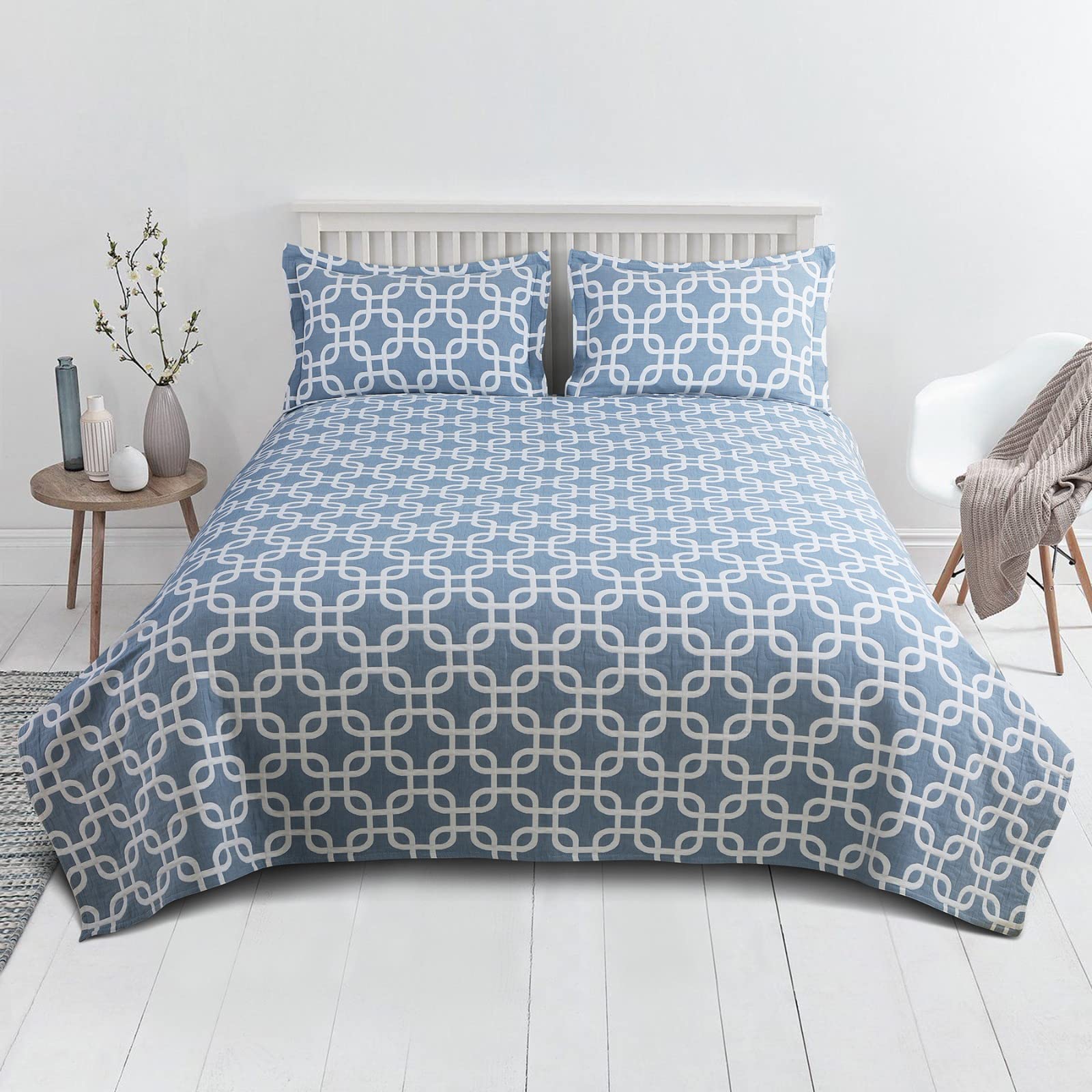 Victor Geometrical Desgin Cotton Bedcover/Fade Resistant and Cooling Double Bedsheet/Bedcover with 2 Pillow Covers - 90" X 100", 2 Pillow Covers - 18" X 27", Sky Blue-image-8