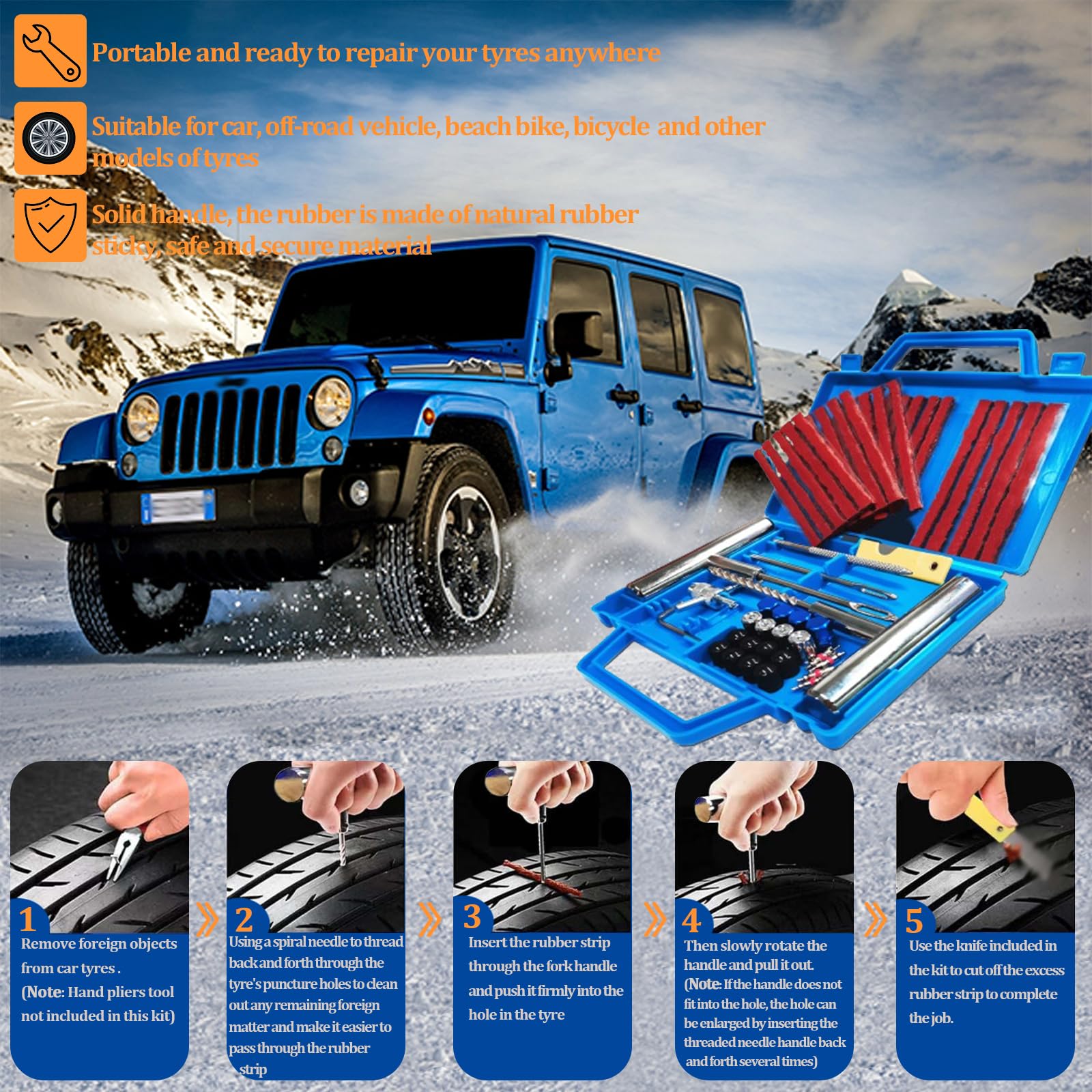 53PCS Kit Repara Pinchazos Herramienta, kit de Reparación para Neumáticos Pesados, kit de emergencia portátil de reparación rápida de neumáticos para coches, todoterrenos, moto y más