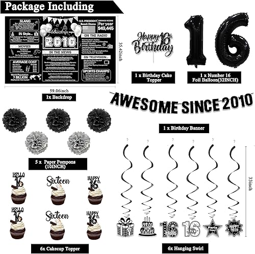 Miniatura 2 de Crenics Decoraciones negras de cumpleaños número 16 para niños y niñas, telón de fondo del año 2010, impresionante desde 2010, pompones de papel,